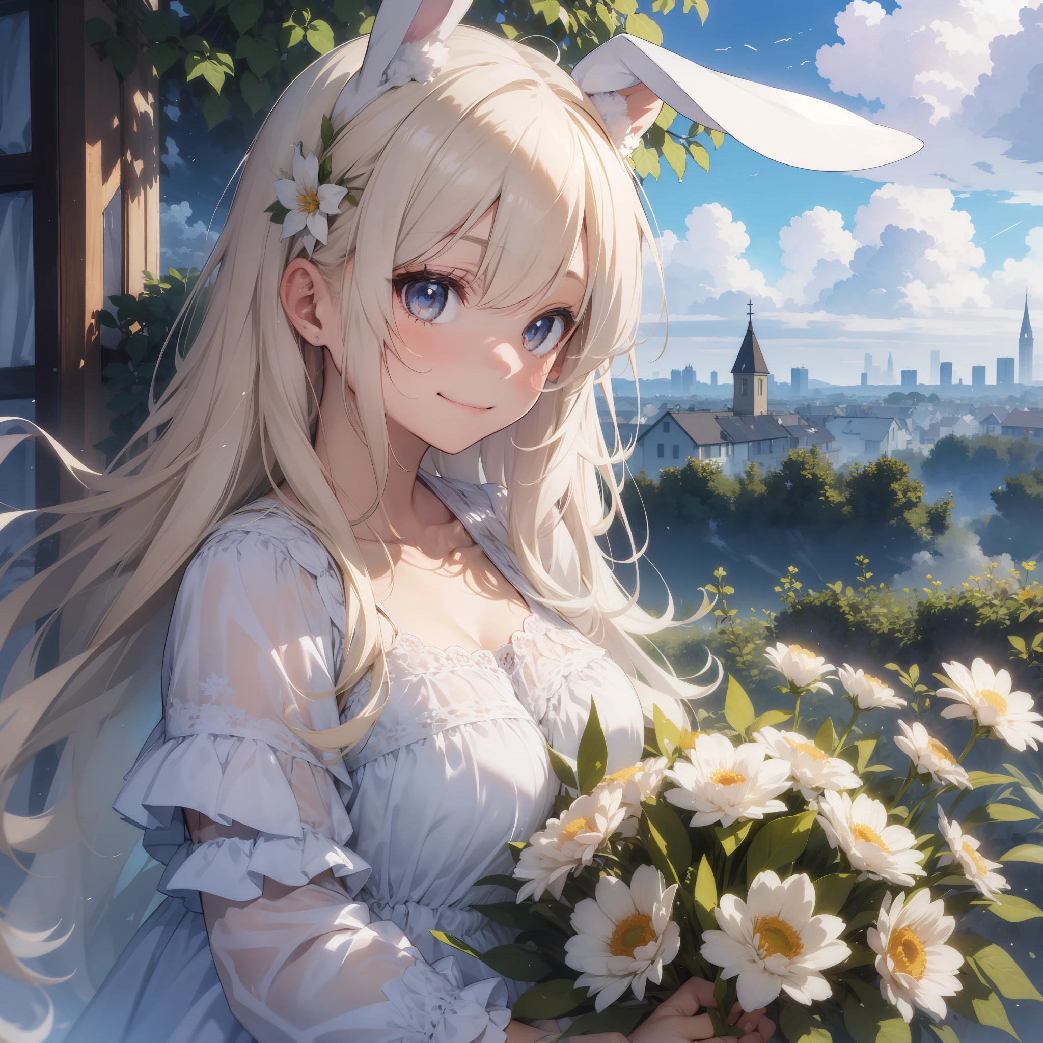 Details, Watercolor, 1 Girl,
Flower garden Girl in a white dress and rabbit ears. Her hair shines golden, a surprised face
Her eyes are gentle, smiling (happiness: 1.3). She holds a bouquet of flowers in her hands.
In the sky, white (white: 0.9) and fluffy (fluffy: 1.2) clouds float and soft (soft: 1.1) sunlight pours in. , watch the viewer,