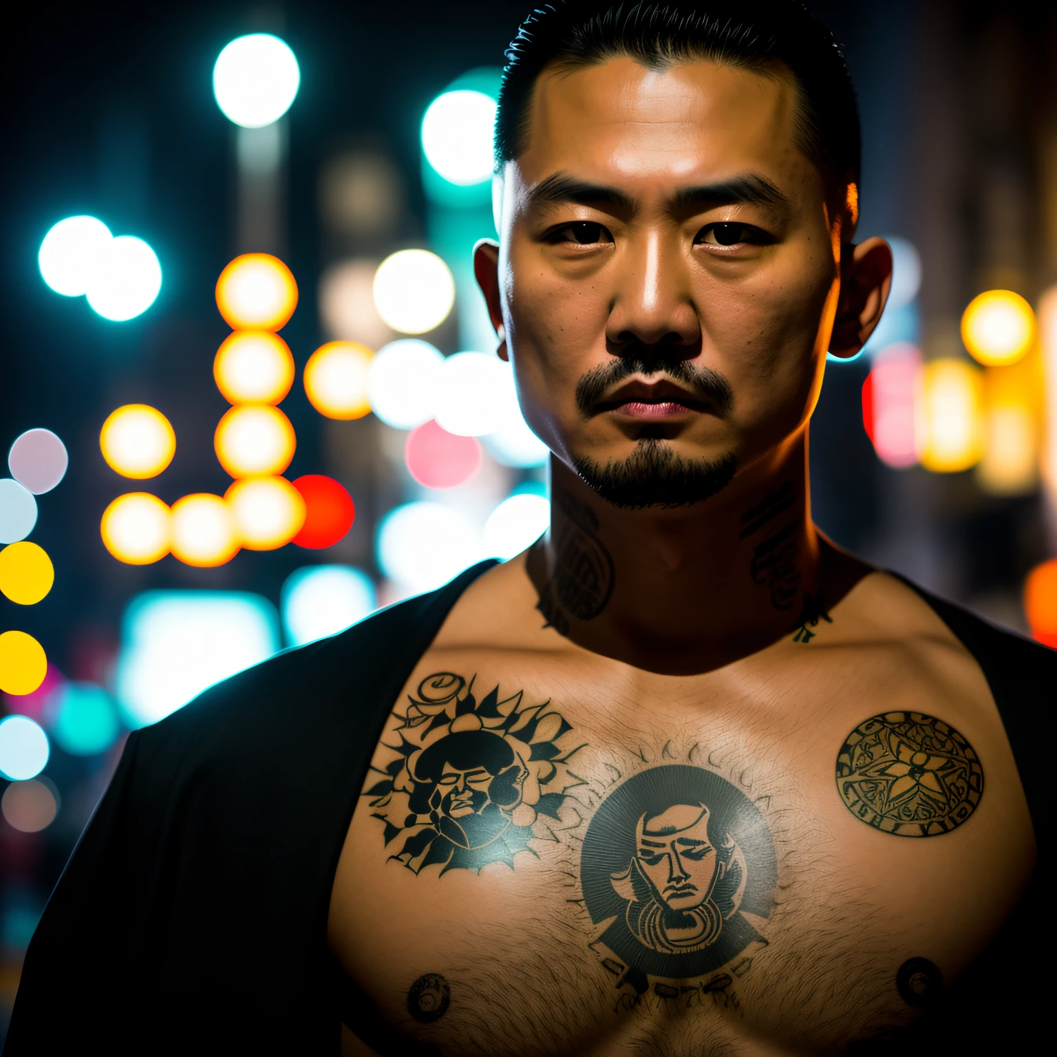 retrato de 1980, an attractive yakuza man with tattoos No face, roupas pretas, sitting in a Chinese restaurant on a very cold day while it rains hard outside on a busy street in Tokyo, vestir't show your hands and fingers, humor, fotojornalismo, fotografia urbana, cena not-correio, ultra detalhado, fotografia de filme, tom frio, focus sharp, pele ultra detalhada, professional color grading, foto bruta, cinematografia, detalhes vibrantes, ultra qualidade, (fotorrealista: 1,37), obra-antes, Cacena notn EOS 5D Mark IV e fujifilm Superia X - filme TRA 400