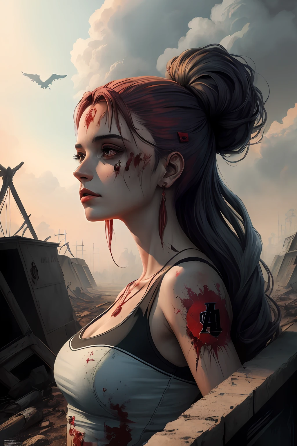 Mulher psicopata, sangue no rosto, obra-prima, Perfect illustration, imagem HD, apocalyptic scenery, 8k, arte digital premiada, detalhes absurdos