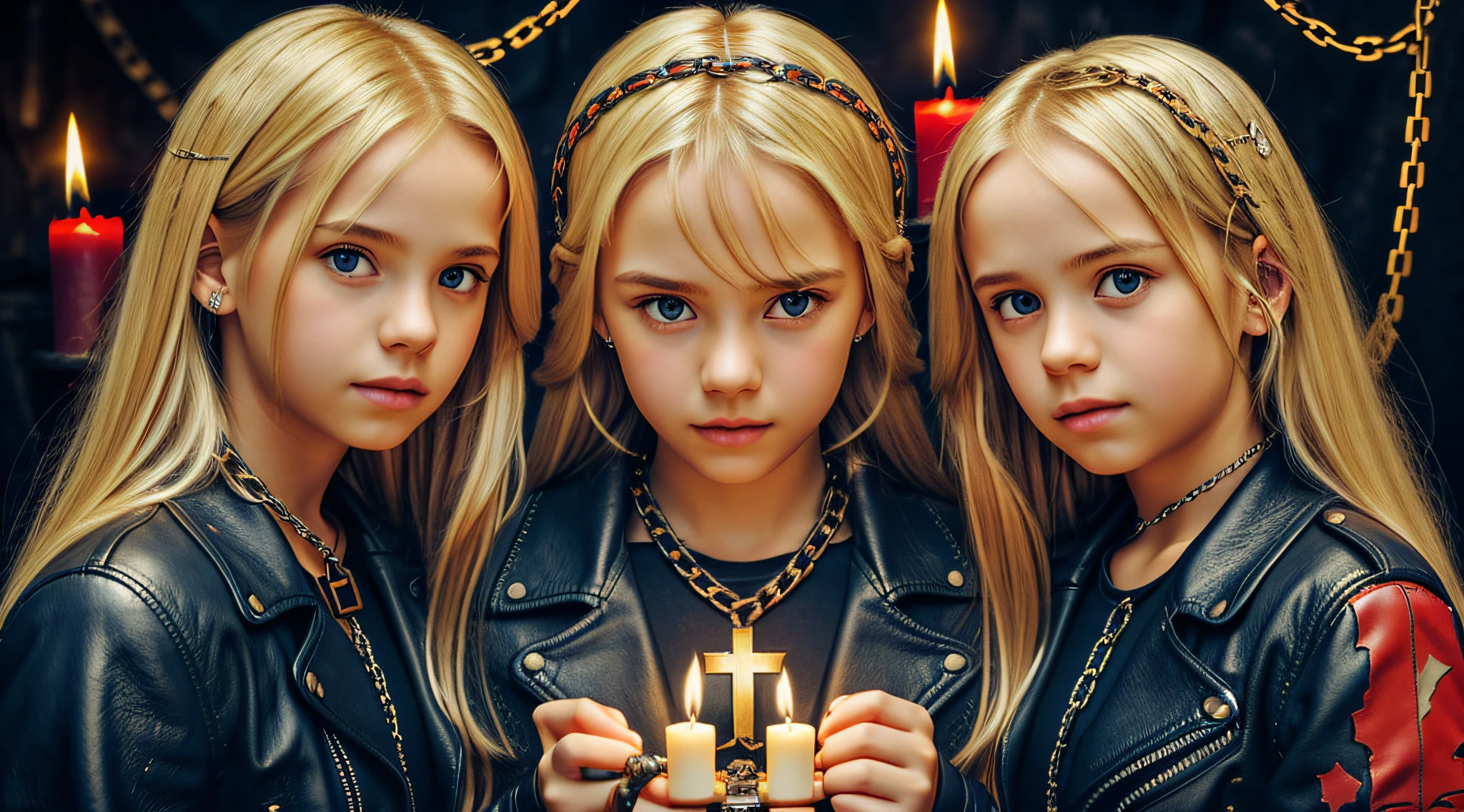 A half body, portrait of 3 girls German children long blonde hair of 12 years, leather jackets BLUE, holding in their hands a cross, background of chains, chain, more chains, many chains, , red, red fire, many background flames. A FEW CANDLES LIT,