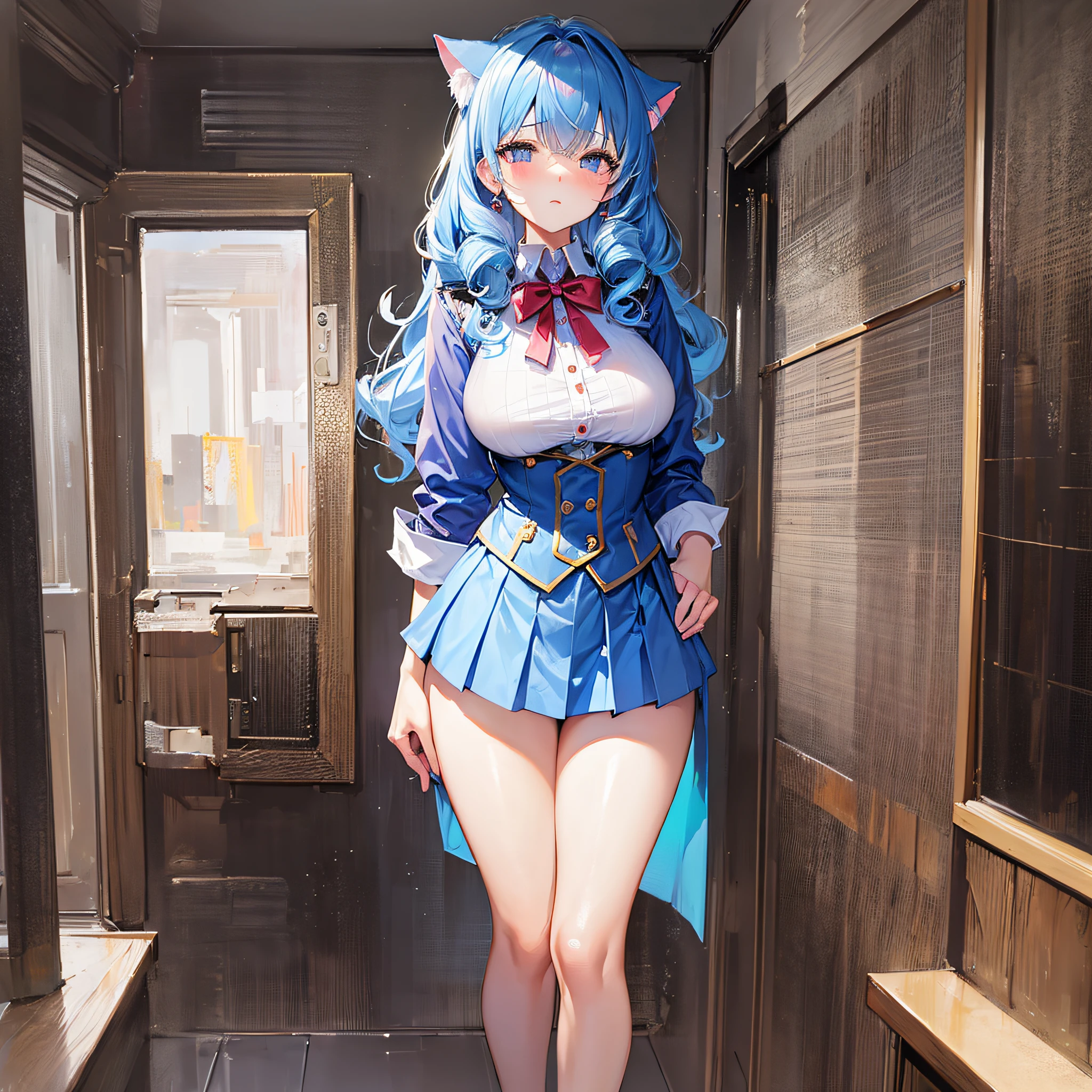 Absolutely beautiful cat lady, perfect slim body, mature, sky blue hair, large curly hair, college uniform, sexy and alluring, beautiful face, full body portrait, standing pose, 4K picture quality, big body, feminine expression, blush shy, outrageous bust, deep eyes,