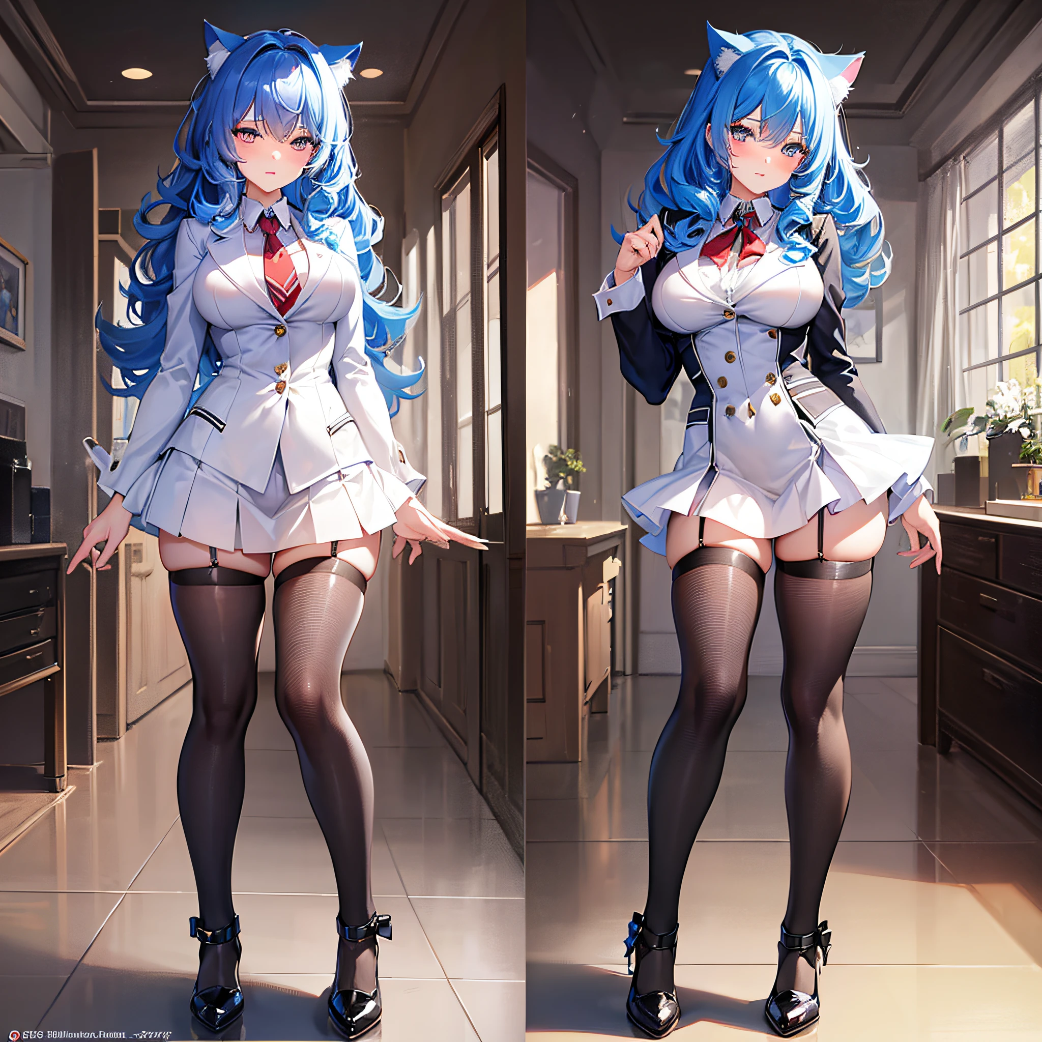 Absolutely beautiful cat lady, perfect slim body, mature, sky blue hair, large curly hair, college uniform, sexy and alluring, beautiful face, full body portrait, standing pose, 4K picture quality, big body, feminine expression, blush shy, outrageous bust, deep eyes,