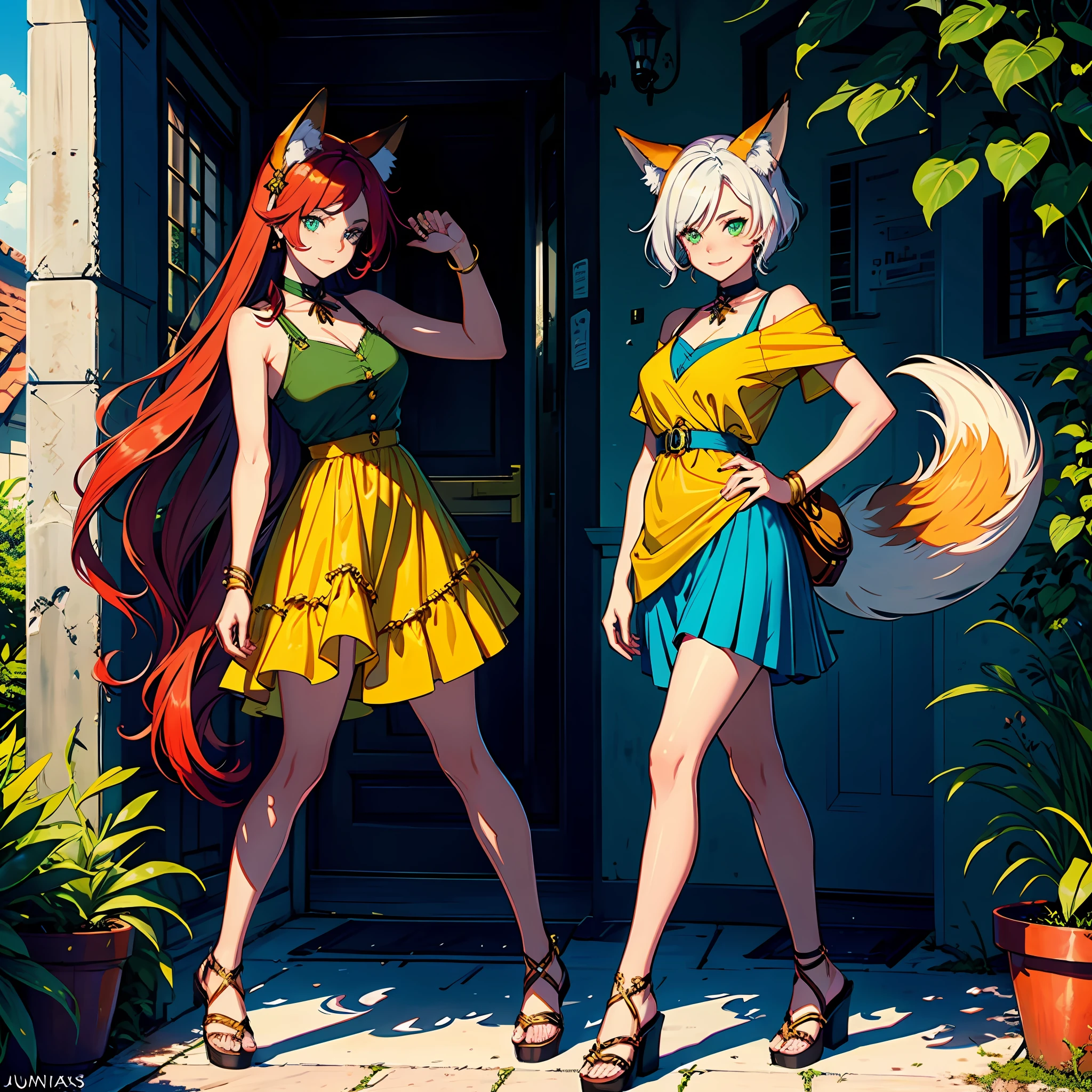 The character is a young fox, com orelhas pontudas e uma cauda fofa. She's a mix between a fox and a human., with facial and physical features of both types. His eyes are big and bright, with an amber hue that glows in the sunlight. She has a friendly smile and a jovial face.
Her hair is long and red, com mechas brancas que adicionam um toque de contraste. His ears are pointed and stand out on his head, while her cute tail swings behind her. Ela usa um vestido verde claro, with golden details and a flowing skirt. She wears simple sandals on her feet and has a brown leather bag on her shoulder.
The character is a fearless adventurer, com uma personalidade forte e corajosa. She's smart and cunning, capaz de superar qualquer desafio com sua agilidade e destreza. She is friendly and compassionate, e muitas vezes ajuda aqueles que precisam de sua ajuda.
The image of the character is a representation of a mythical and magical figure, that combines the beauty of a fox with the intelligence of a human being. She is a complex and fascinating character, that attracts the attention of all who see it.