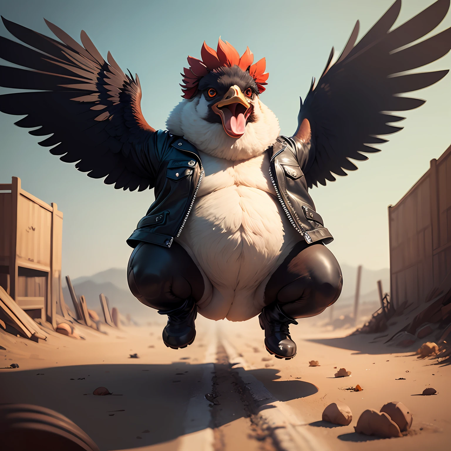 ((best quality)), ((ultradetailed)), ((masterpiece)), illustration, theme: animal mafia, animal: full body happy rooster jumping, build: small and very fat wearing: leather jacket, expression: fierce, screaming, period view: looking forward 3/4, background: dark and sandy atmosphere, resolution: 8K --auto