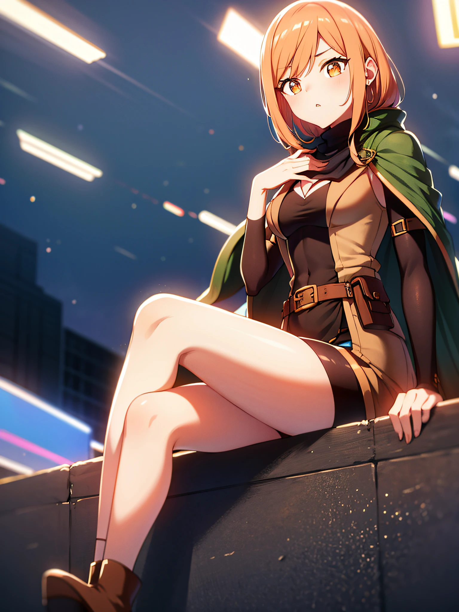 orange eyes light,richly faded light orange hair, anime 1girl, no skirt, brown military boots, pouch on the waist belt, khaki bikini, "black tights", "dark_orange knee pad on right leg",( night city:1.4), black long cloak, (good hand:1.5 ) good legs, (Good face: 1.5), 1girl, best hand, no worst hand. without clothes, in big city