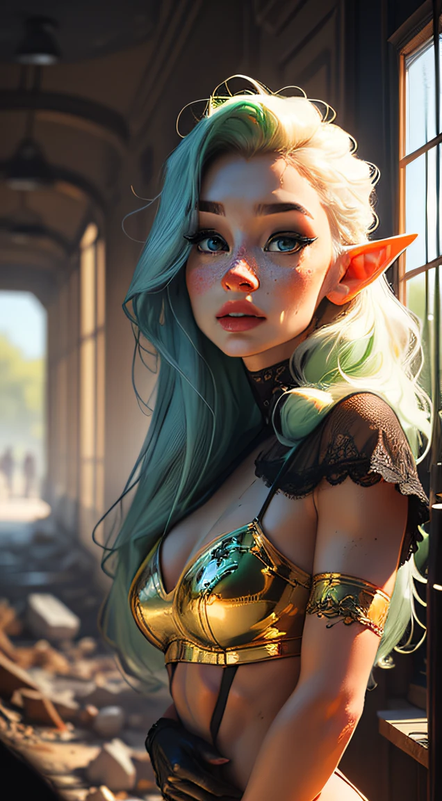 a portrait of an elf with freckles and bright striking blue eyes posing for a photo, thick legs, muscular, full body, thong, white freckles, long flowing green hair flying, portrait, beautiful pale makeup, color portrait, et, stunning portrait, elegant freckles, wearing black thongs, black gloves, blood, gold dust spread across the skin and face, walking. (dark, hyper-realistic photos (((portrait))) of glass refraction 1vase, background of post-apocalyptic ruins, soft cinematic light, soft tones, insane details, intricate details, suitable for viewing in public places, perfectly