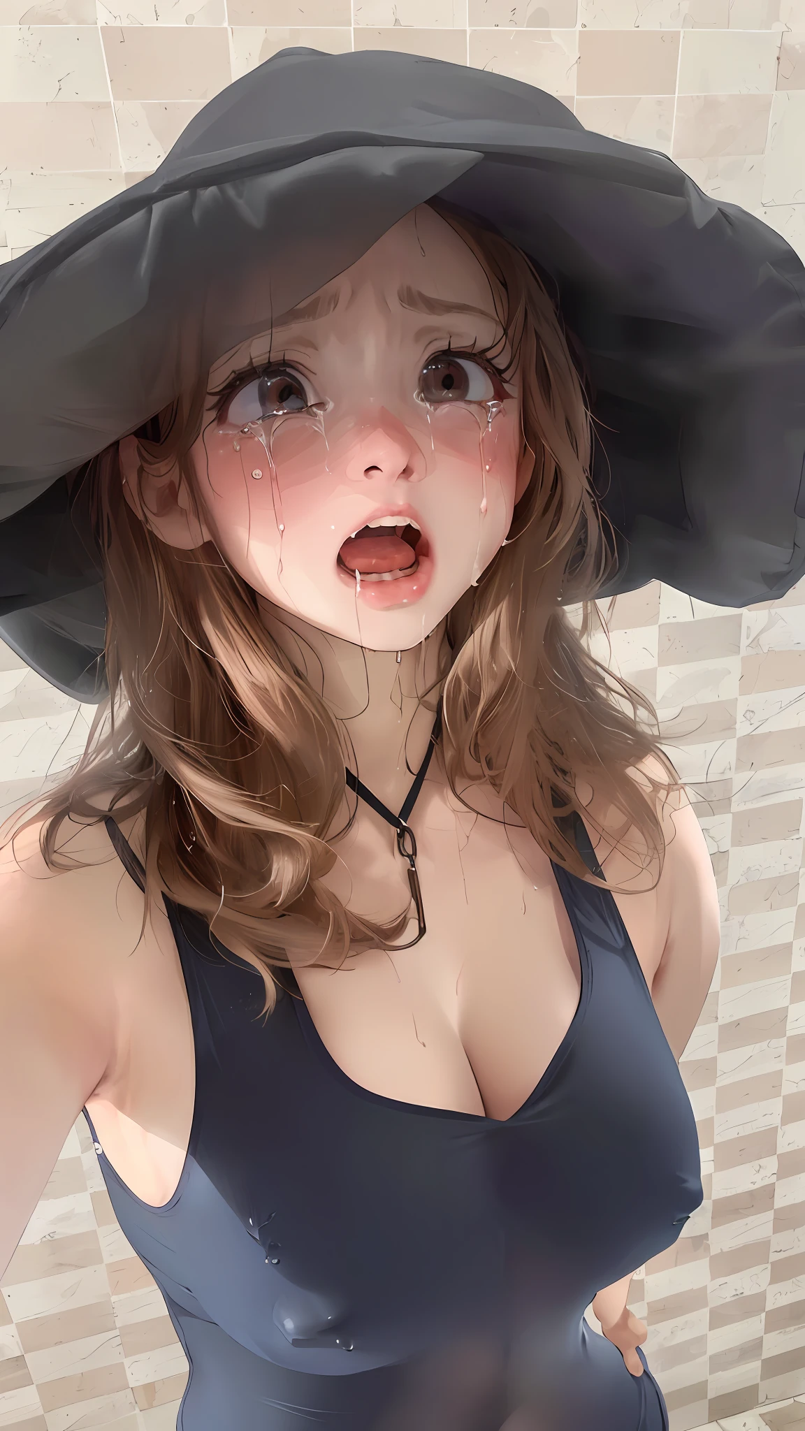 topquality, beautiful lights, Ultra-Precise Images, (Masterpiece, best qualityer: 1.1), (Climax, Screaming, terrified,, Crying: 1.1), (NSFW1:1), (((Dark Background)), transparent swimsuit,none underwear,large chest,Protruding pink style,wet body,protruding