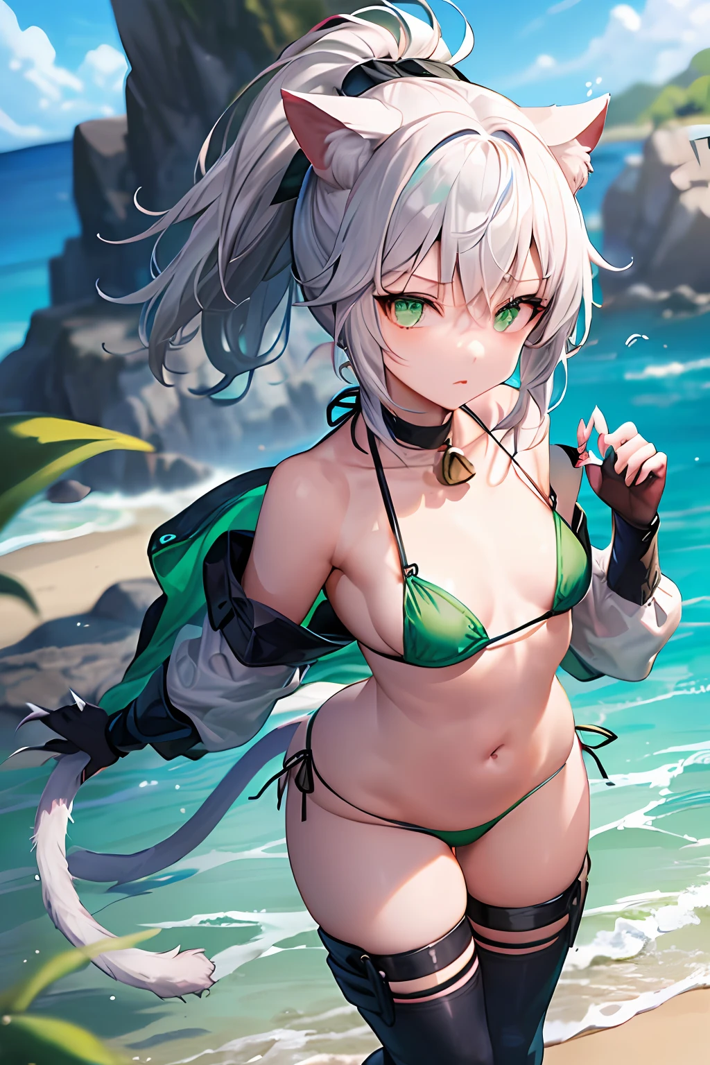 Movie angle, depth of field, (viewing viewer), (front right: 1), (standing photo: 1), cat eared girl, (solo),silver hair,(white skin:1), (curvaceous:1.2), (wide hips:1.1), girl with cat ears, (beautiful beach background), (coast background: 1.4), (coast background: 1.4), (green clothes), (bare shoulders, green micro bikini), ( Green T-back panties: 1.2), (green glove armor: 1.2), sharp claws, detailed horns, green choker, green thigh-high boots, (ponytail, hairs between the eyes), (silver-haired), green eyes), (flat chest: 1.2), expressionless, stunned, sleepy, wakame