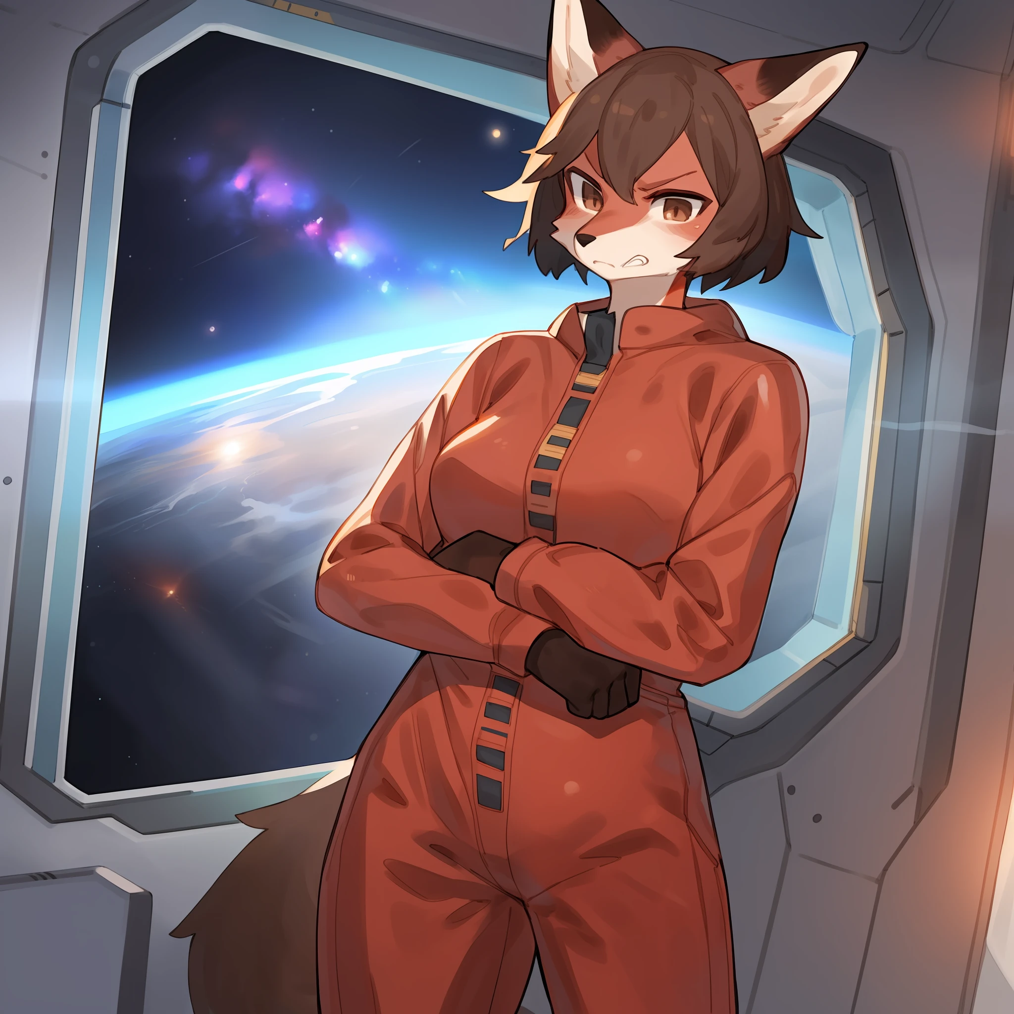 By bebebebebe, by buta99, solo, female, hair, anthro, detailed hands, fox, angry, brown hair, short hair, red jumpsuit, red spacesuit, space, spaceship, window, standing, brown eyes, red fur, red body