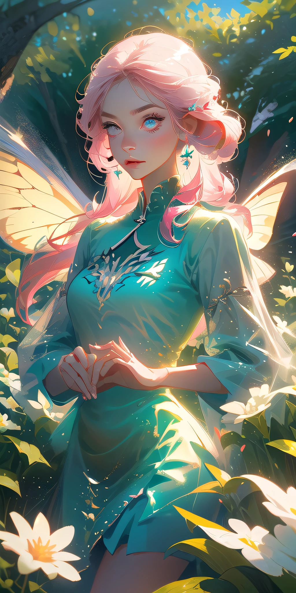 (Best Quality, Masterpiece), 1girl, Perfect Eyes, Detailed Beautiful Face, Pose, Particle, Wind, Flower, Upper Body, Pink and White Color Scheme, Simple Background, Looking at the Audience, Flower Fairy, Wings, Forest, Butterfly,