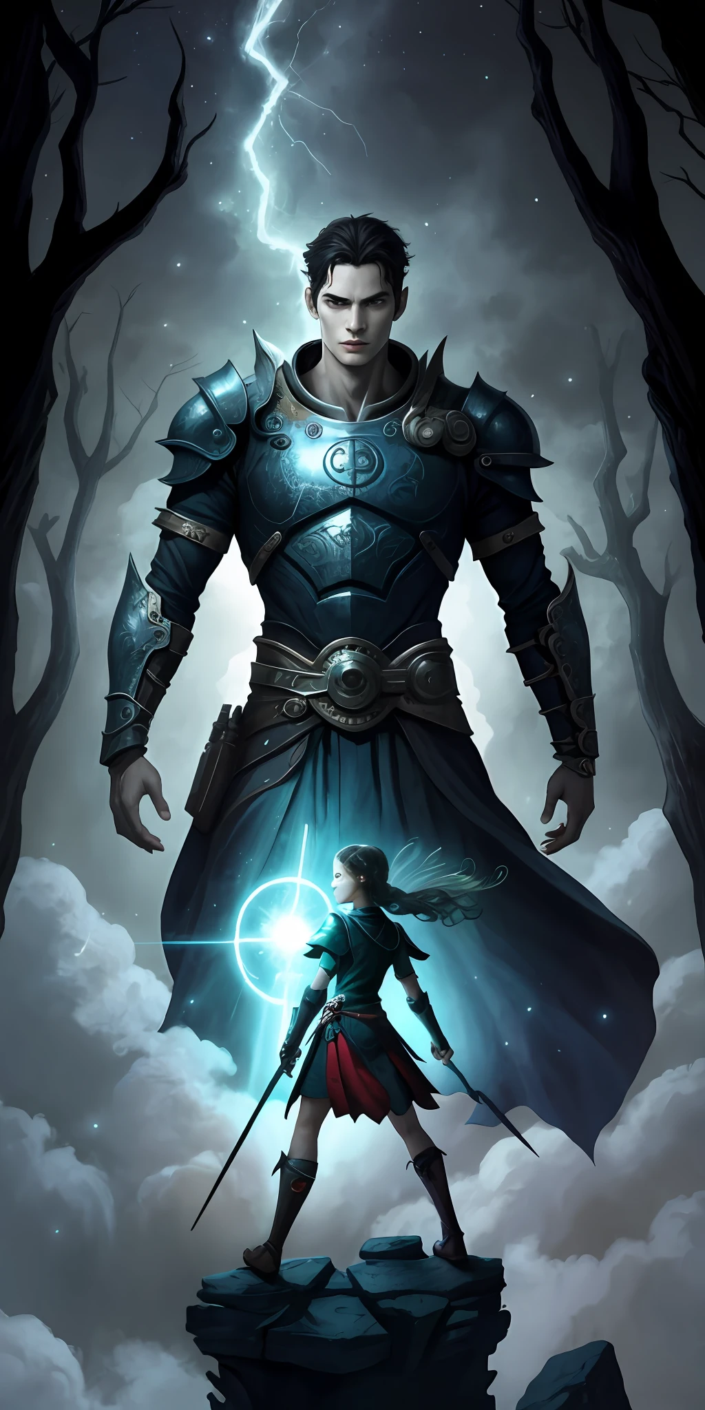 "Imagine a dazzling and captivating cover for an epic fantasy book titled 'O Despertar dos Reinos Perdidos'. The cover should be visually impactful and attract the attention of readers. Create a fascinating setting with mystical elements, such as ancient ruins and centuries-old trees. Highlight a brave hero and a fearless heroine in the foreground, dressed in gleaming armor and wielding legendary weapons. The hero must be holding a powerful staff, emanating magical energy, while the heroine wields a gleaming sword with skill and dexterity. In the sky, coloque uma lua cheia e estrelas brilhantes, conveying a magical atmosphere. The title 'The Blade and the Staff' deve ser exibido em uma fonte imponente e elegante, with details reminiscent of ancient runes or symbols. Ensure the cover conveys the feeling of impending adventure, Mystery and an epic journey through the lost realms, with the two heroes working together to overcome challenges and save the world."