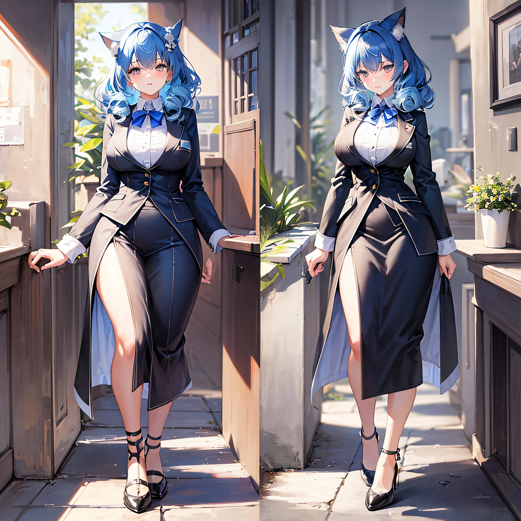 Absolutely beautiful cat lady, perfect slim body, mature, sky blue hair, large curly hair, college uniform, sexy and alluring, beautiful face, full body portrait, standing pose, 4K picture quality, big body, feminine expression, blush shy, outrageous bust, deep eyes,