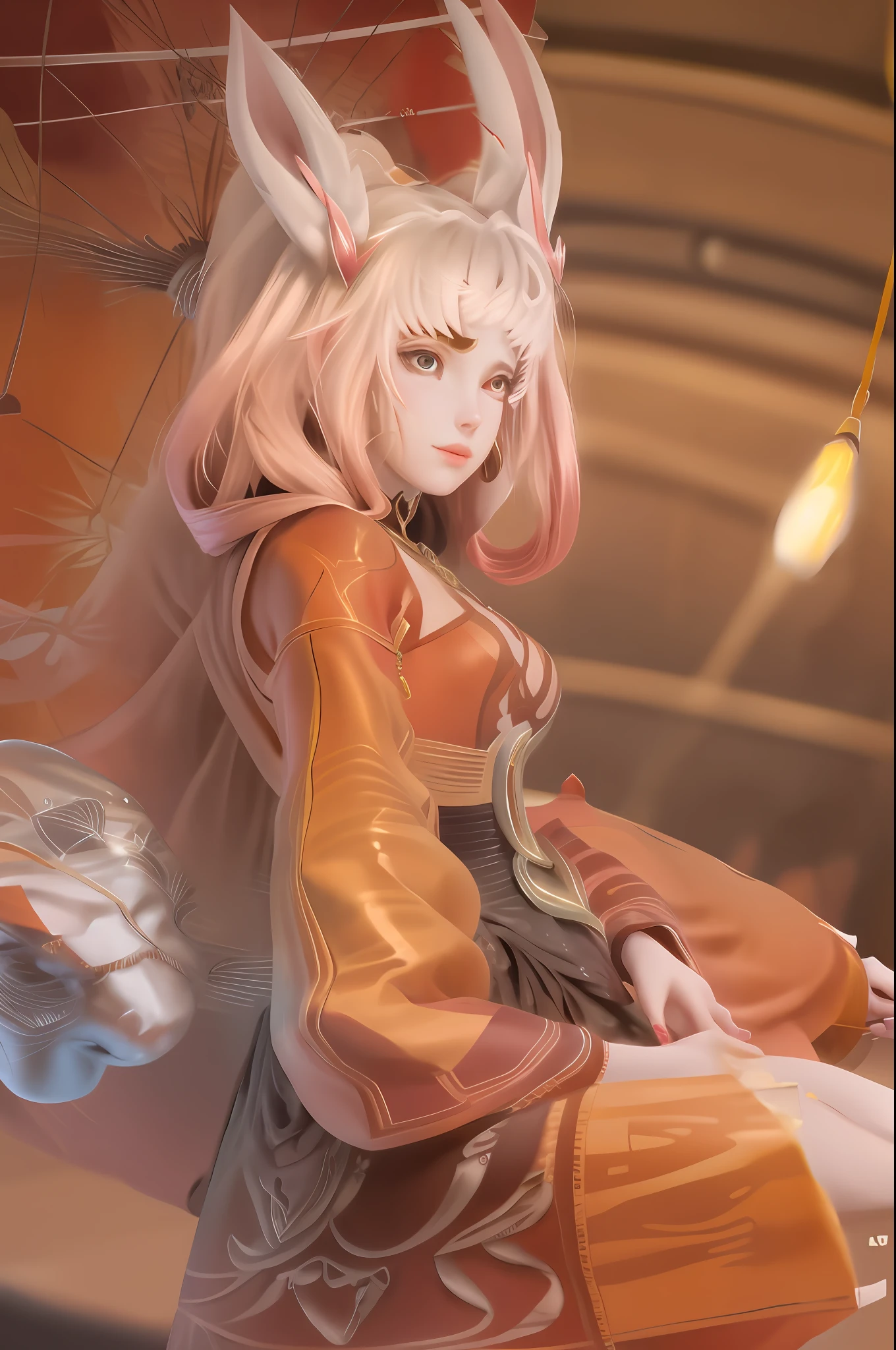 There is a woman sitting on a table with a vase, white skin, melancholy eyes, a palace, a girl in Hanfu, beautiful figure painting, white Hanfu, Hanfu, hair accessories, , looking at the viewer, red lips, skirt, hair accessories, necklaces, jewellery, long hair, earrings, closed mouth, extravagance, wooden buildings, black long hair