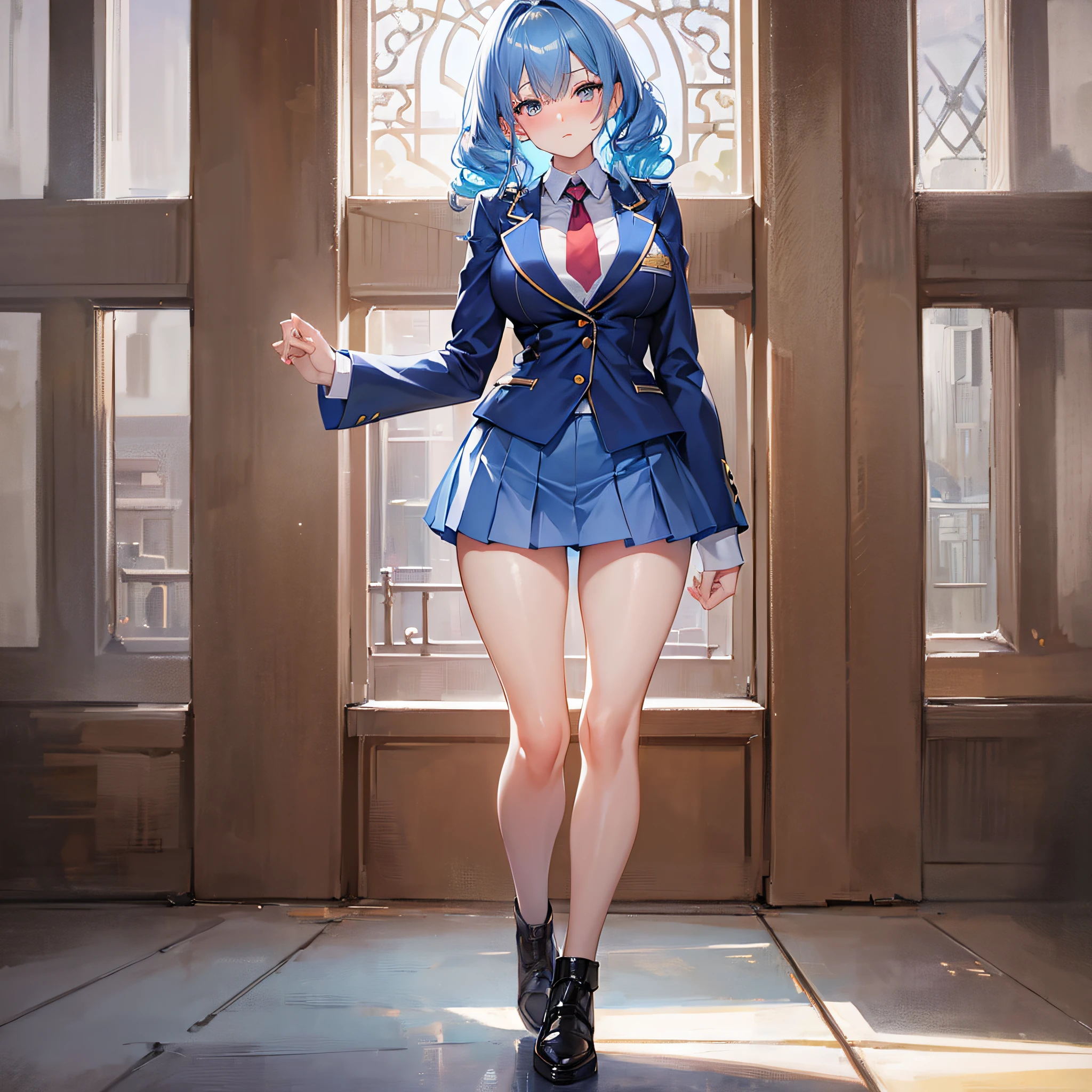 Absolutely beautiful cat lady, perfect slim body, mature, sky blue hair, large curly hair, college uniform, sexy and alluring, beautiful face, full body portrait, standing pose, 4K picture quality, big body, feminine expression, blush shy, outrageous bust, deep eyes,