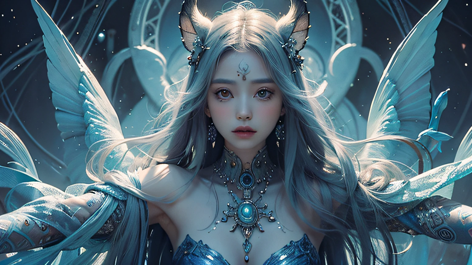 a Full Body Portrait of a Beautiful Queen with Silver Hair, 8k Intricate, Elegant, Highly Detailed, Majestic, Digital Photography, Art by Artgerm and Ruan Jia and Greg Rutkowski Surreal Painting of Filigree Purple Butterfly, Broken Glass (Masterpiece, Side Lighting, Beautiful Finely Detailed Eyes: 1.2), HDR