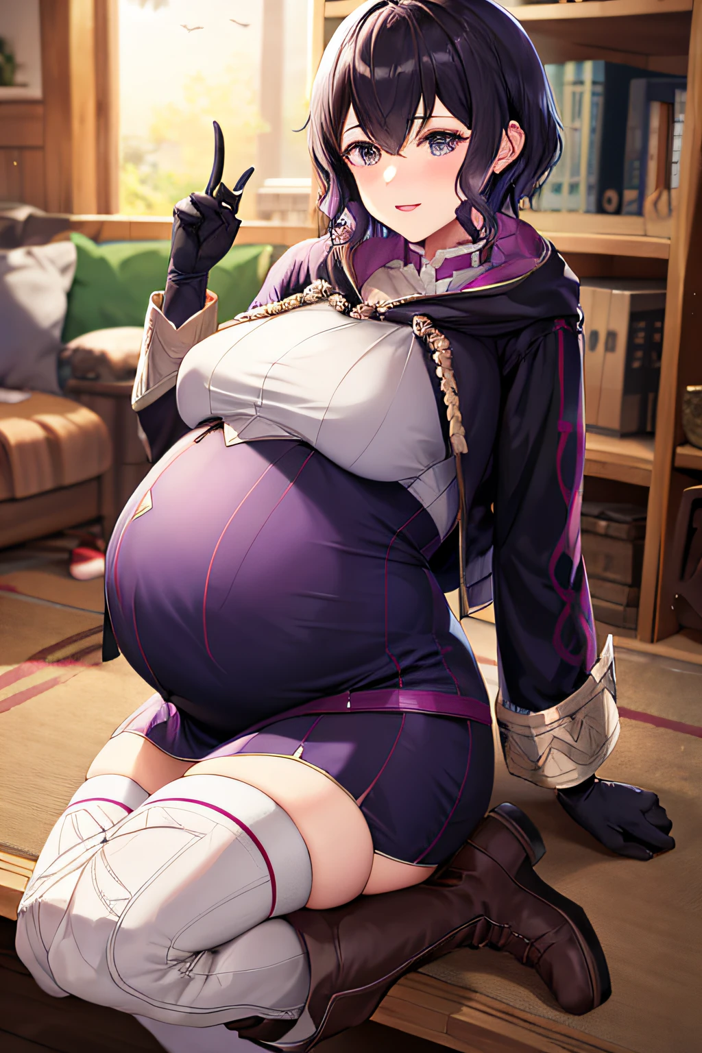 feMorgan, black robe, belt, white pants, brown bootsshort dress, black gloves, white thighhighs, (pregnant), huge belly,