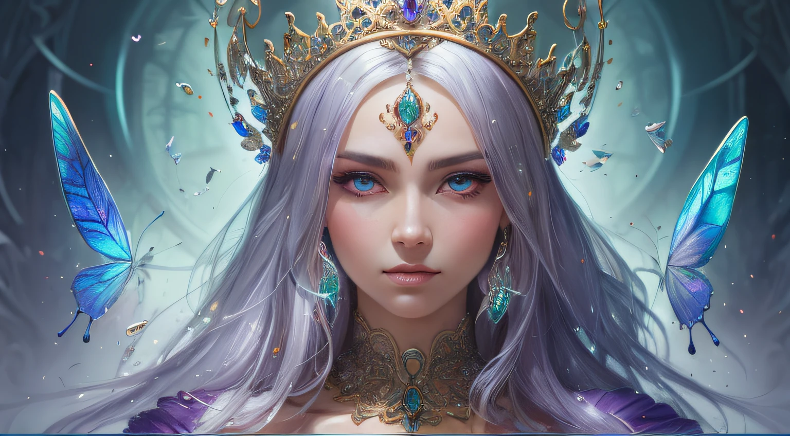 a Full Body Portrait of a Beautiful Queen with Silver Hair, 8k Intricate, Elegant, Highly Detailed, Majestic, Digital Photography, Art by Artgerm and Ruan Jia and Greg Rutkowski Surreal Painting of Filigree Purple Butterfly, Broken Glass (Masterpiece, Side Lighting, Beautiful Finely Detailed Eyes: 1.2), HDR