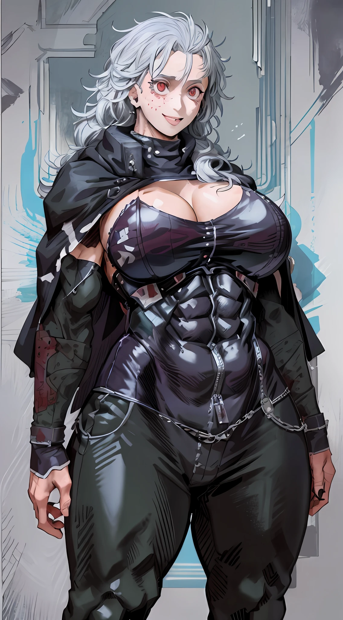 nous_Dorohedoro, nous, Muscular girl, huge chest, grande femme, priestess, Art martial, modeste, fully clothed, curved,, pantalon, manteau, priestess, saint, , sourire, manteau, medieval, unmasked, Maintenant, manteau,, Combinaison nousre, sourire, ouvrir bouche