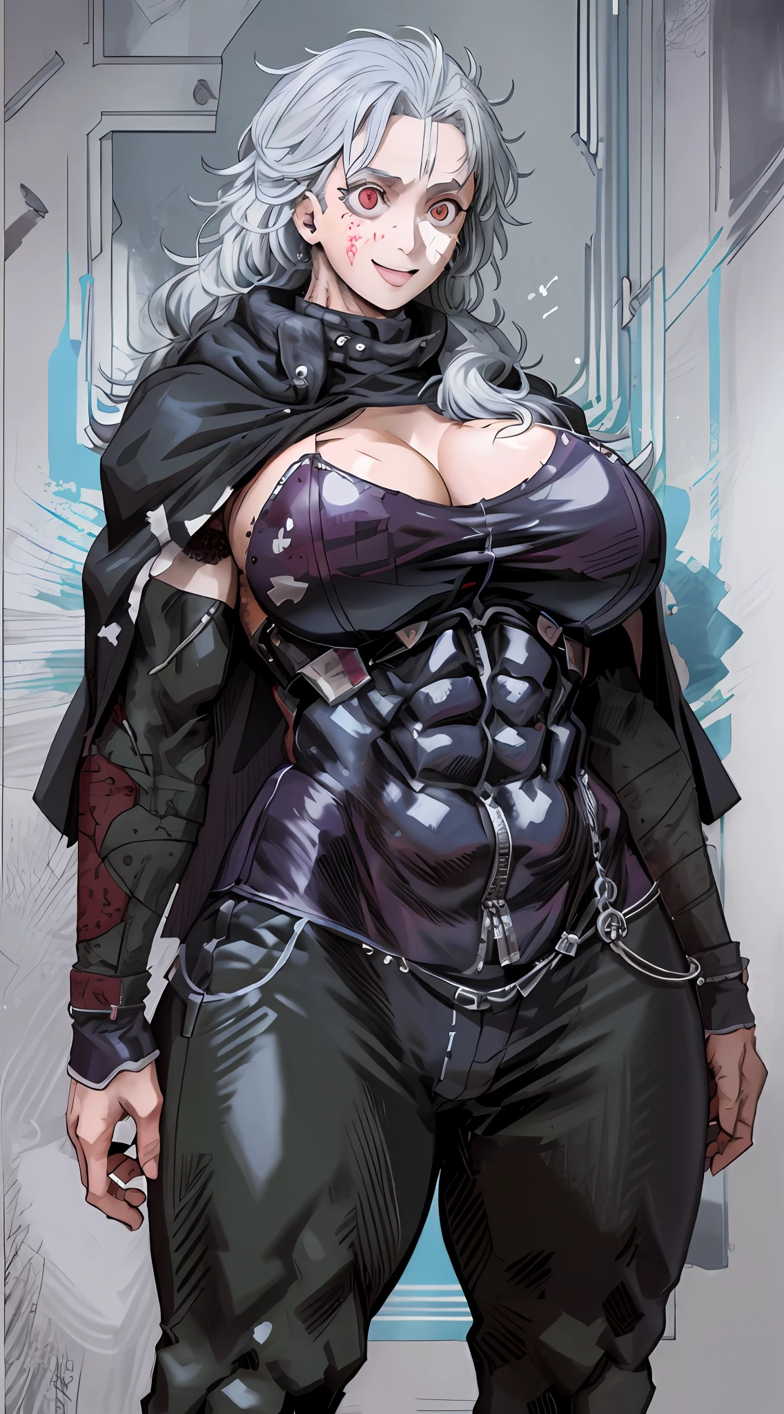 nous_Dorohedoro, nous, Muscular girl, huge chest, grande femme, priestess, Art martial, modeste, fully clothed, curved,, pantalon, manteau, priestess, saint, , sourire, manteau, medieval, unmasked, Maintenant, manteau,, Combinaison nousre, sourire, ouvrir bouche
