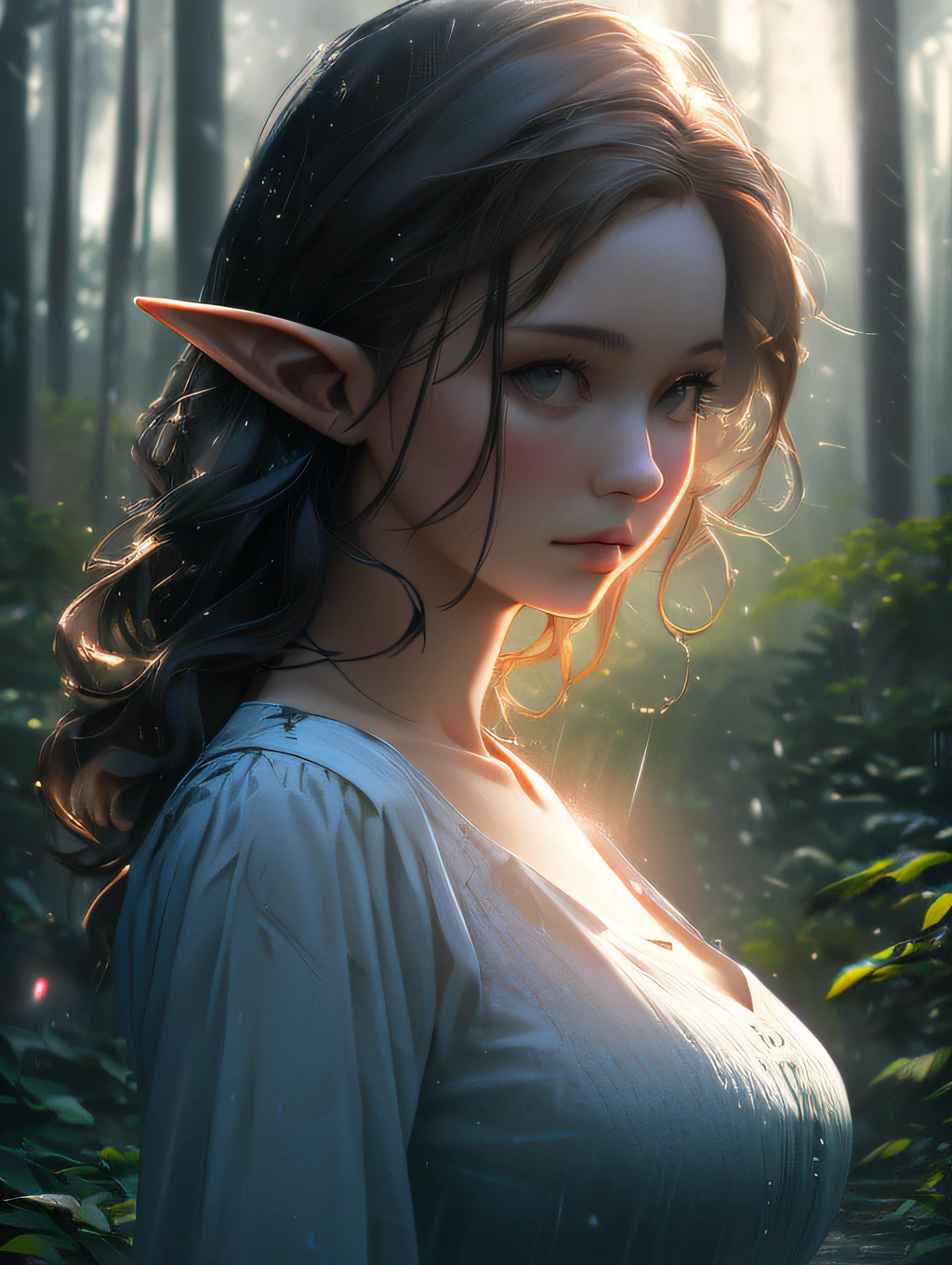 Pretty busty elf in a forest wearing only a torn outfit, scared look, mix4,(8k, RAW photo, best quality, masterpiece:1.2), (realistic, photorealistic:1.37),1girl,cute,landscape urban, night, rain, wet, professional lighting, photon mapping, radiosity, physically based rendering