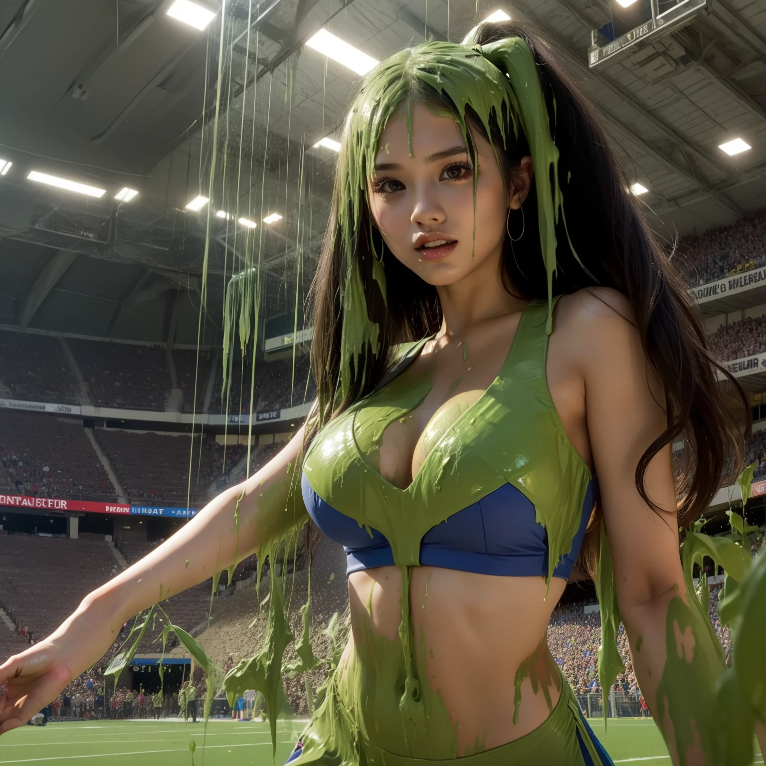 25-year-old Filipina model, wearing cheerleader uniform, jumping on football field, fully body, cleavage, (sludge dripping down head: 1.2)