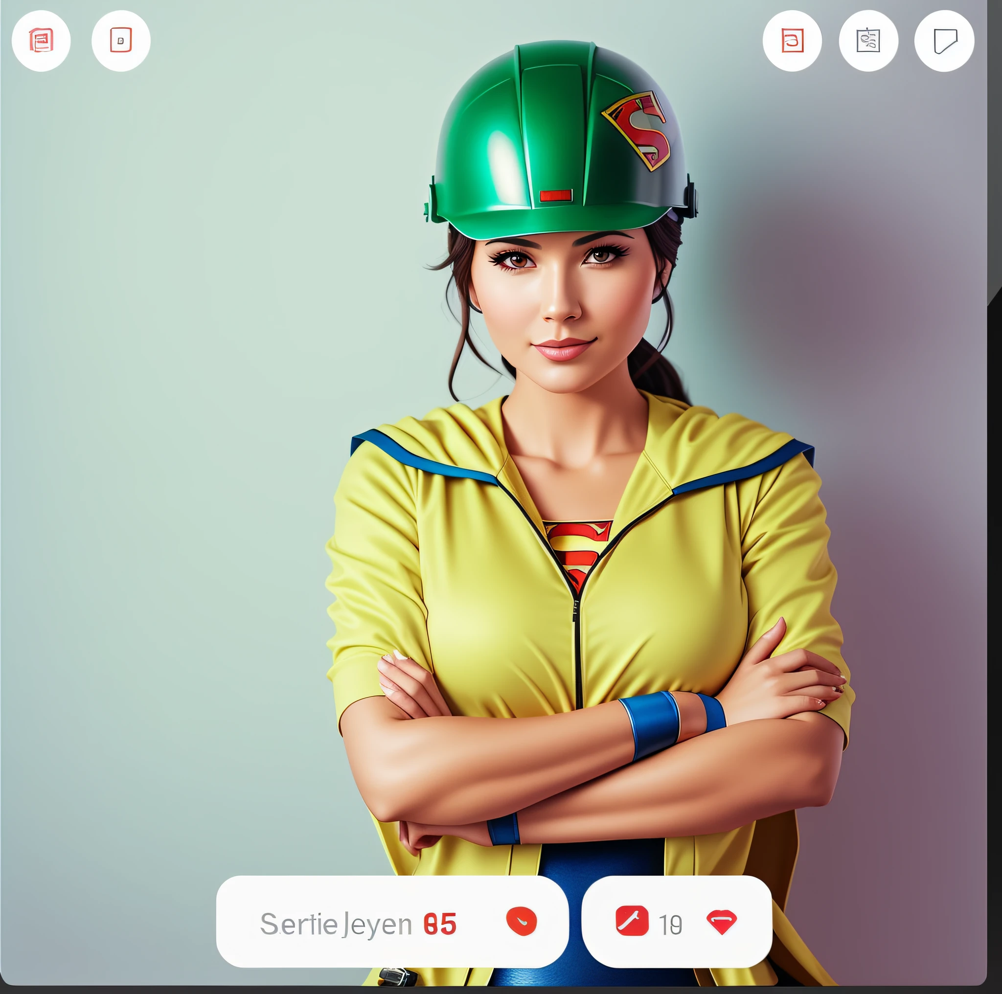 A closeup of a woman in a Superman costume posing for a photo, superhero portrait, Supergirl, Artgerm Bokeh 8K, Wojtek Fus, superhero art, super realistic photo, artgerm portrait, stunning digital illustration, 4K realistic digital art, 4K realistic digital art, closeup character portrait, artgerm. high detail, red color safety helmet at work and safety goggles