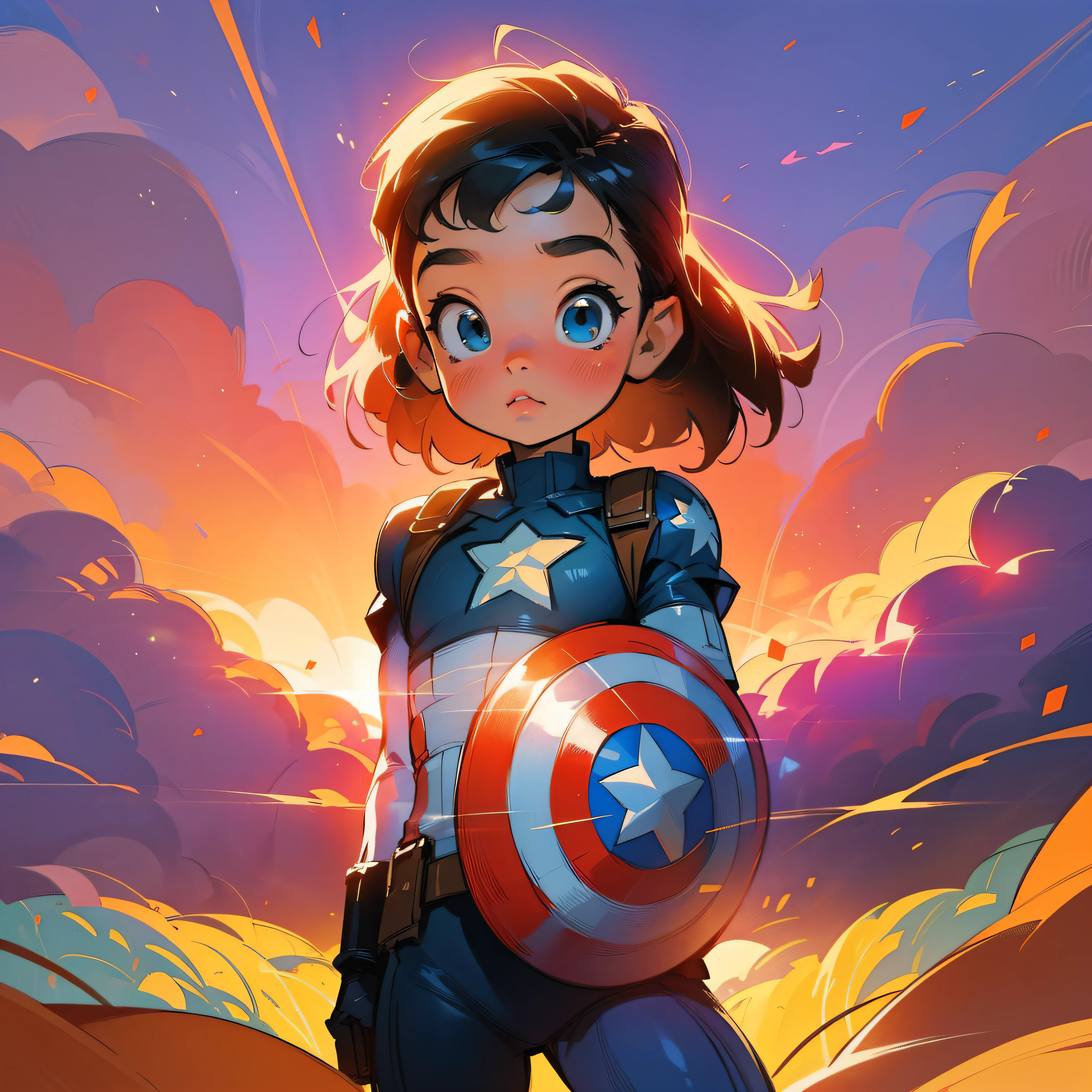 masterpiece, high res, ultra res, pixar style, cute, very cute, kids cartoon, caricature, captain america stand looking at me, sunset