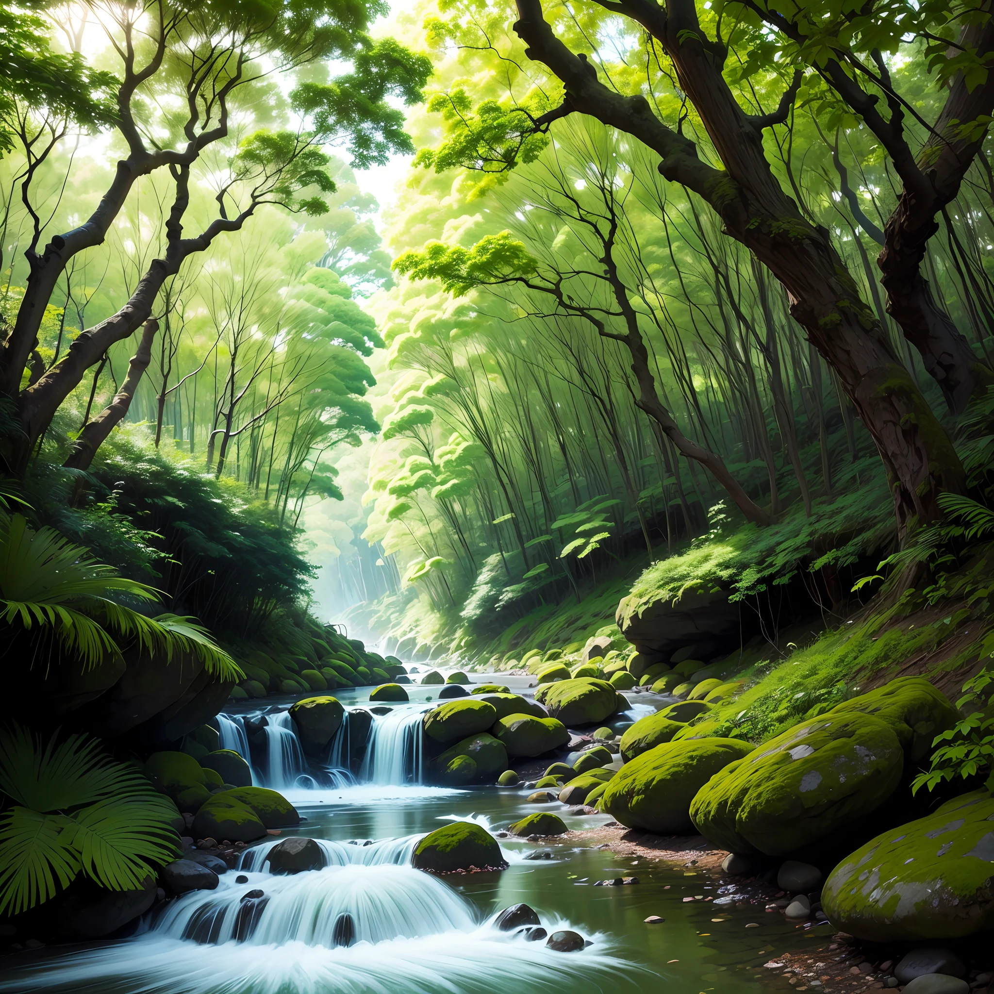 Uma floresta, com flores coloridas, large, leafy colorful trees and a stream --auto