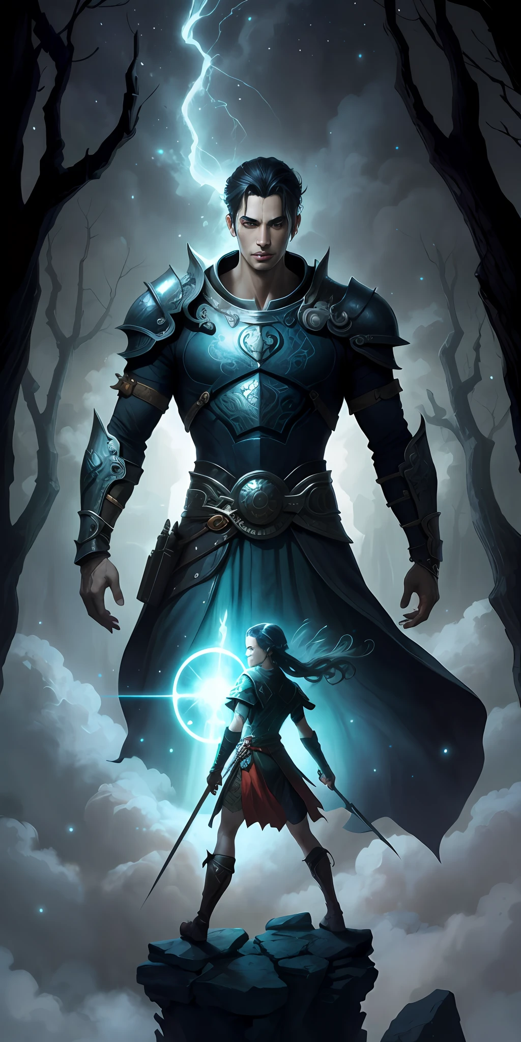 um homem em cima de uma rocha ao lado de uma mulher, epic fantasy novel cover art, Abaddon e Magali Villeneuve, epic fantasy digital art style, arte de fantasia de alta qualidade, arte de estilo fantasia escura, Capa de livro de fantasia, epic fantasy sci fi illustration, epic fantasy character art, fantasy rpg book illustration, epic fantasy artwork, epic fantasy illustration