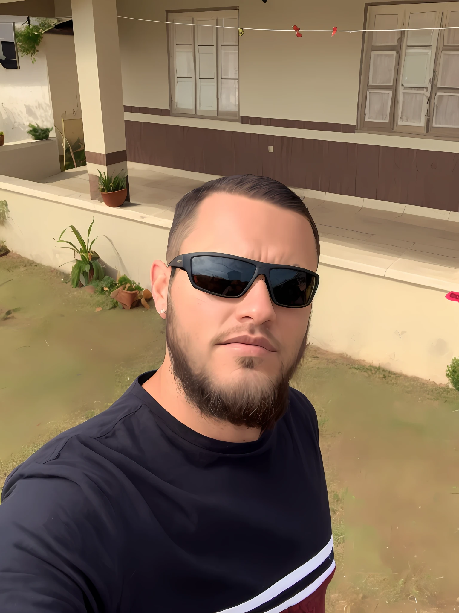 there is a man with sunglasses standing outside of a house, 2 7 years old, 2 8 years old, 2 9 years old, com tatuagens