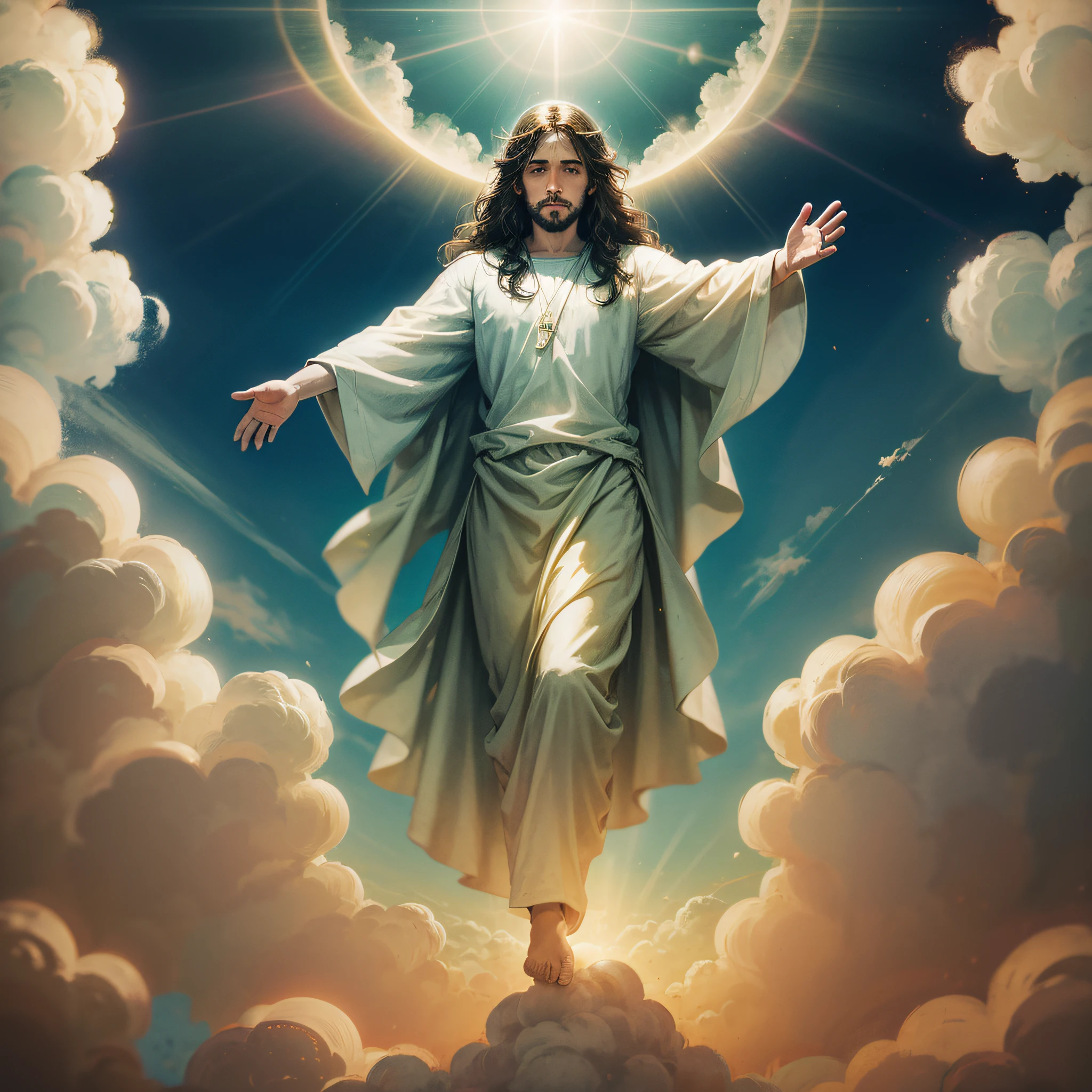 Jesus floating in the air on top of clouds with a light shining brightly on his face --auto --s2
