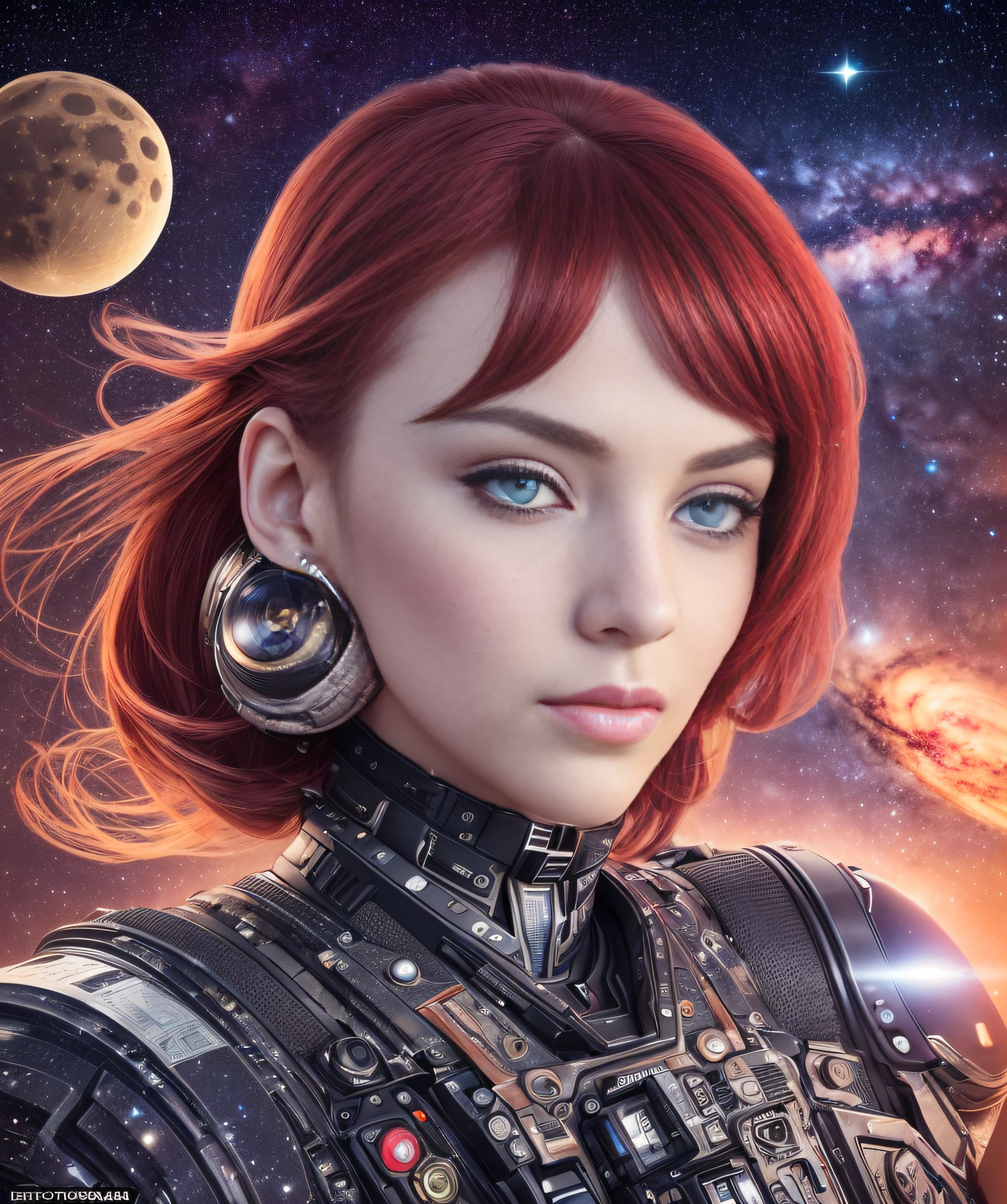🌌Close-up, Beautiful futurist woman,🌌 standing on Mars, smooth, sharp focus, power stance,highly detailed,sharp focus,Perfect Composition, red hair, (((Alien structures))), outer space, 🌠intricate, elegant, highly detailed, perfect face, (((cosmic entities))), 150mm portrait, photography, epic, cinematic, octane render, Denoise, photography with a Hasselblad H6D 100c, extremely detailed, lunar night,