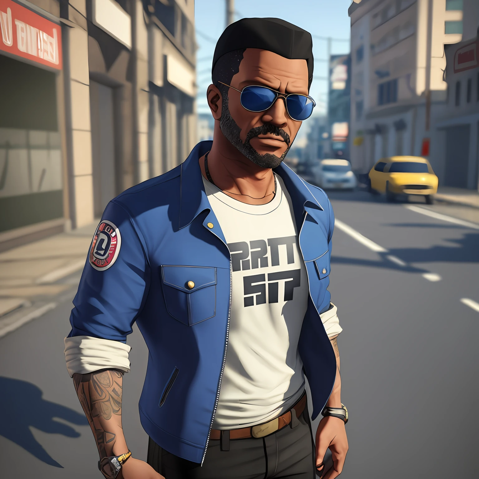 crie um personagem jaqueta azul e camisa branca estilo grand theft auto v,3D --auto --s2