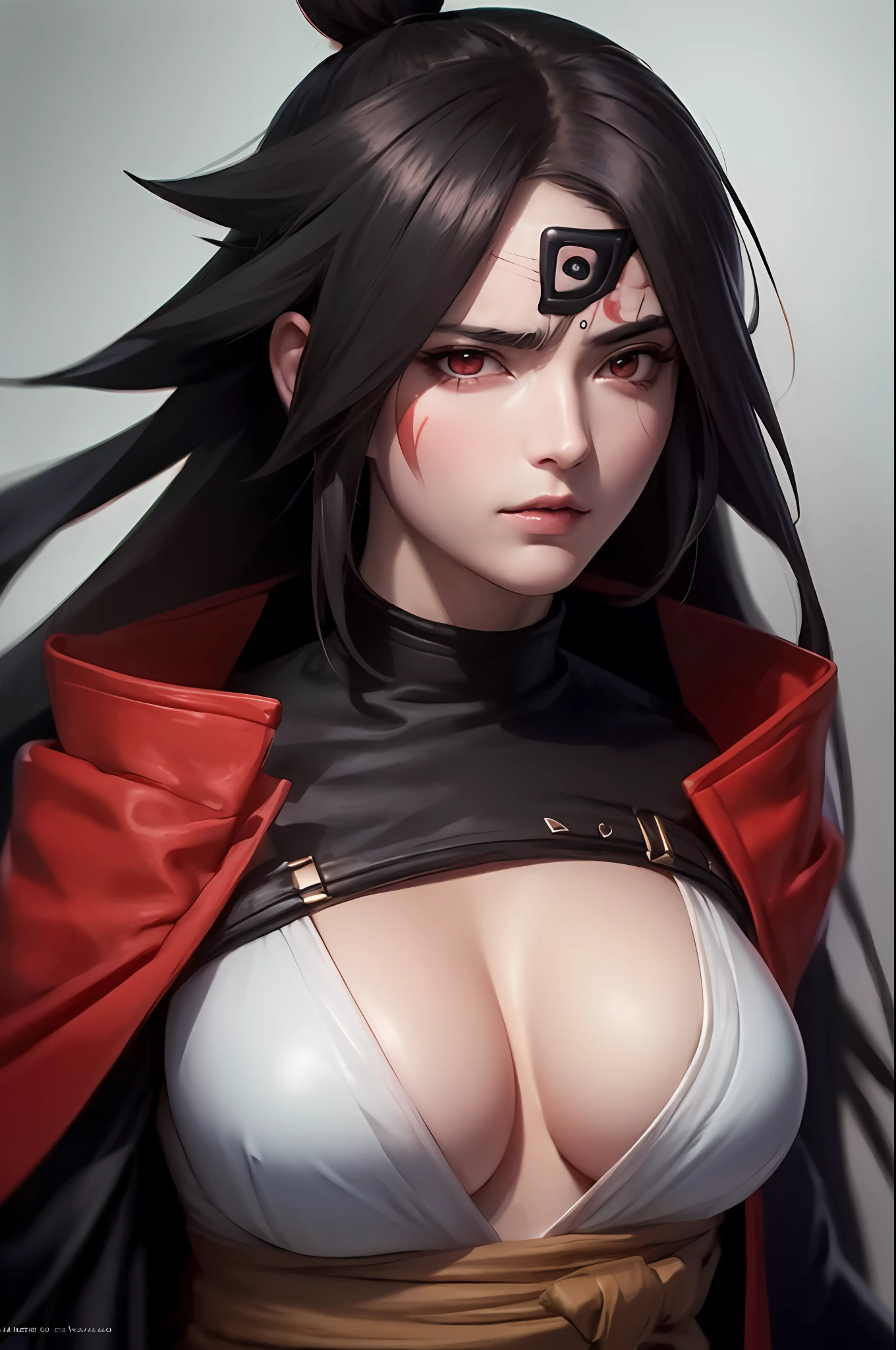 ((masterpiece, ultra detailed)), 1girl, solo, (upper body portrait), baikenms, (incredibly beautiful), large breasts, beautiful face, red eyes, ready for battle posture, dynamic pose, dark theme, hdr, HDR, bloom, volumetric lighting, emissive lighting, high intensity lighting, bright, dramatic lighting, dark lighting, (ornate), digital art, trend in artstation, award-winning, fascinating, elegant, RAW photo, absurd, 8k uhd, defined body, reddish armor, big head and black like madara uchiha