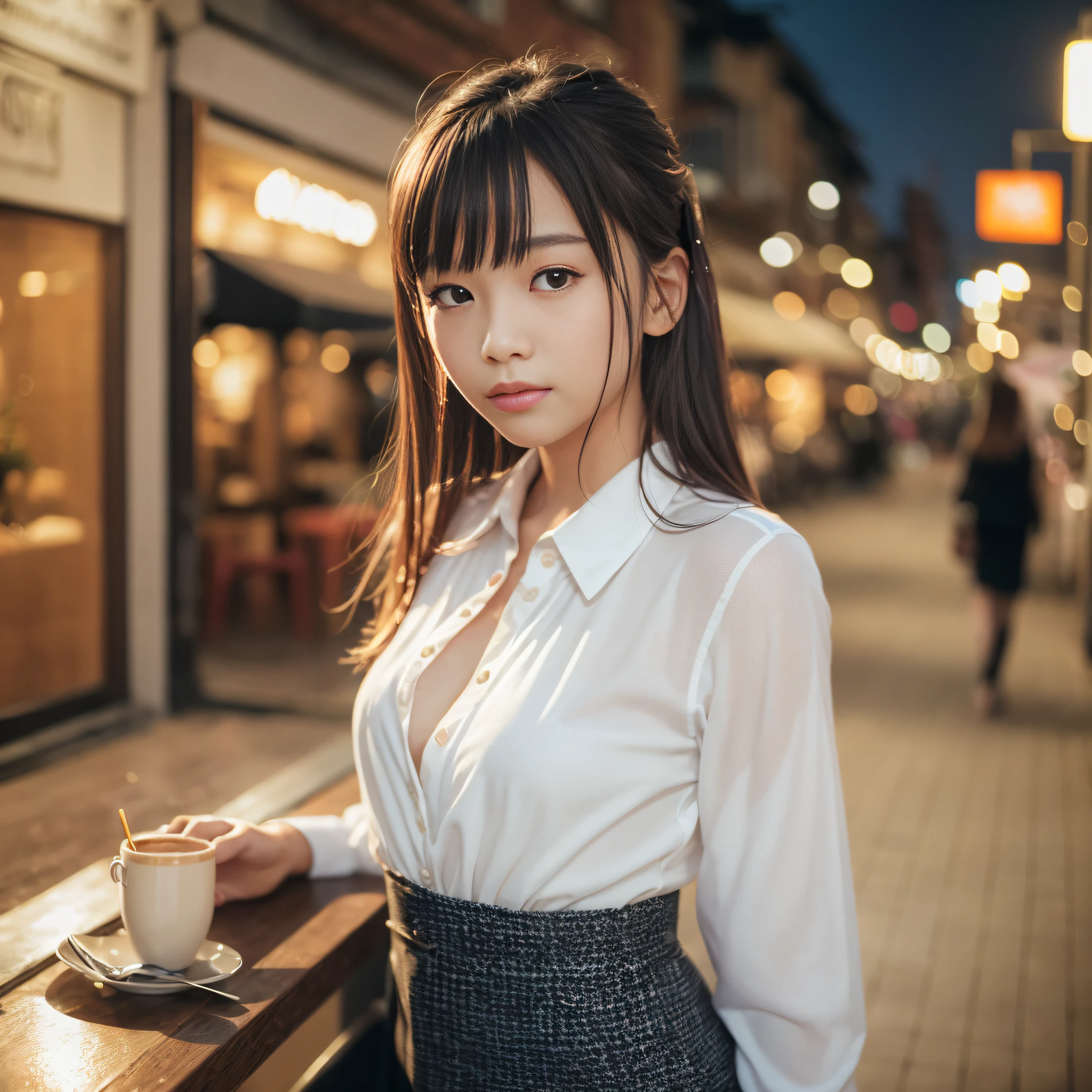 (8k、sthe highest qualit、Masterpiece、:1.2)、(Realstic、photorealestic:1.5)、Super Detailed、 1 人、かわいい16歳、Beautiful girl alone、Beautiful Detailed Sky、Detailed Cafe、NIGHT、Sitting、tool、 (smileing:1.15)、(Closed)small  breasts、Beautiful fineness、(Collared Shirt:1.1)、NIGHT、wet、Business Wear、ame、White lace、(Long:1.2)、Floating Hair NovaFrogStyle、