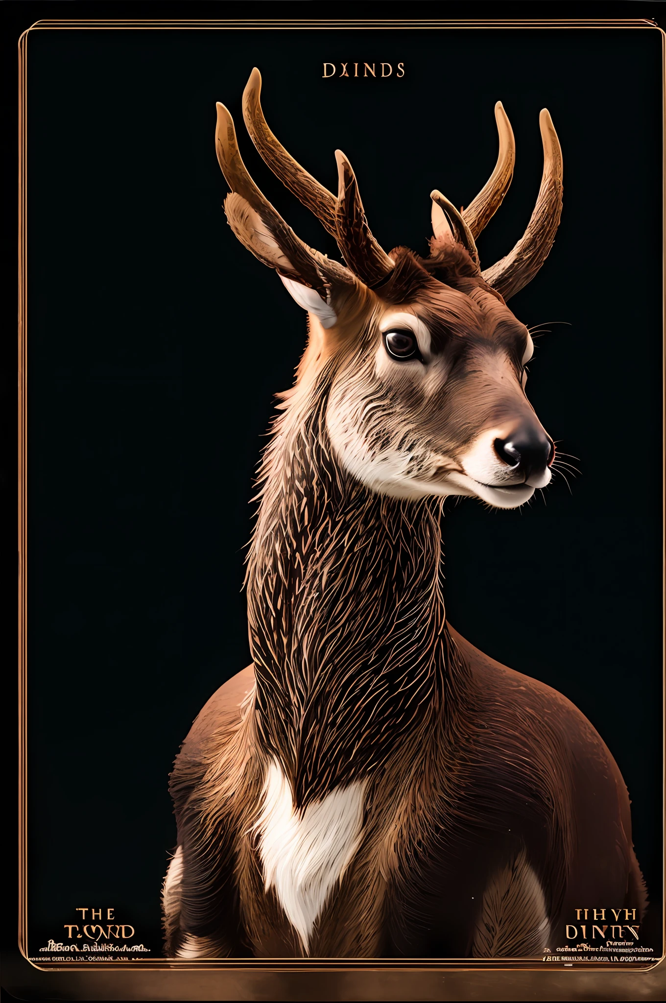 there is a picture of a deer with horns and a black background, deer portrait, award winning creature portrait, animal portrait, anthropomorphic deer female, anthropomorphic deer female, sharp and highly detailed, spotted ultra realistic, anthropomorphic deer, front portrait, an anthropomorphic deer, digital art animal photo, hyper real highly detailed