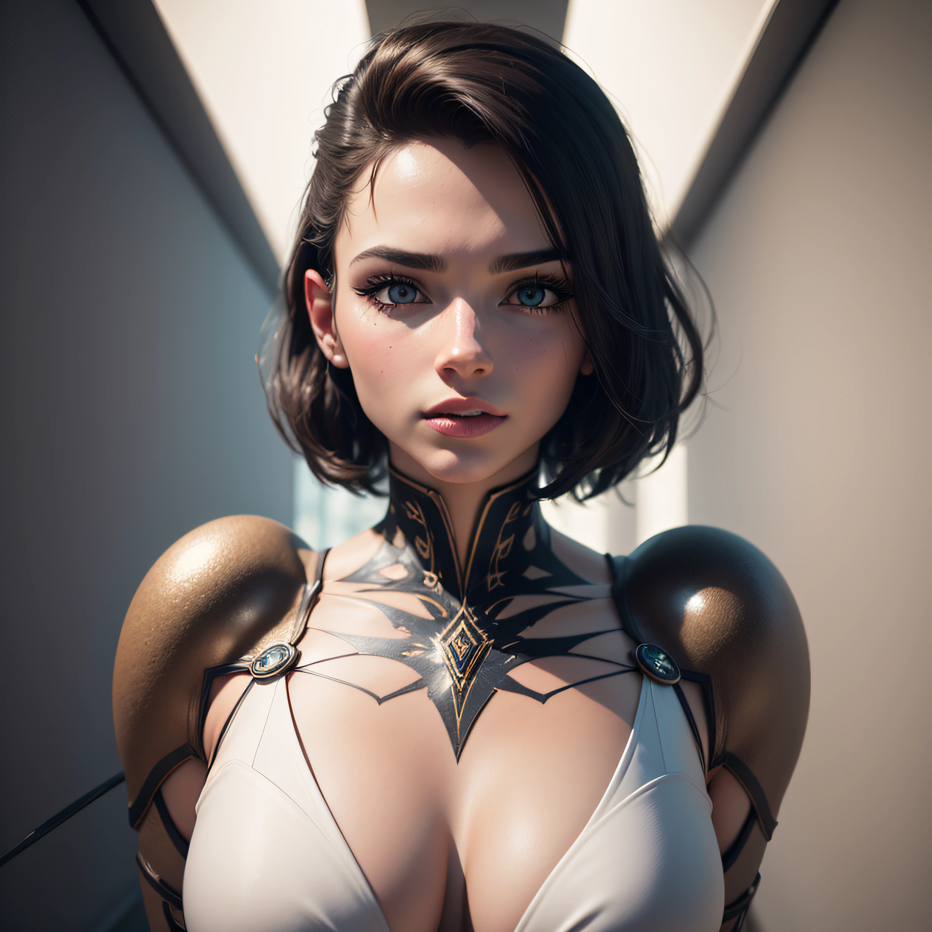 fotografia realista, fotorrealista, realismo, contraste, fotografia, obra prima, mulher 45 anos, ethereal beauty, ethereal, ultra realista, Como uma Yael Shelbia, 3d, renderização 3d, porcelana, Melhor qualidade, anatomia humana, cabelos reais, cabelos curtos, Asymmetrical Cut Hair, cabelo em movimento, seios enormes, anatomia humana, posando para foto, translucido, (ethereal, Sonho), formidable, papel de parede 8k, Texturas Realistas Iluminação Dramática Unreal Engine Trending na Art Station Cinestill 800 --auto
