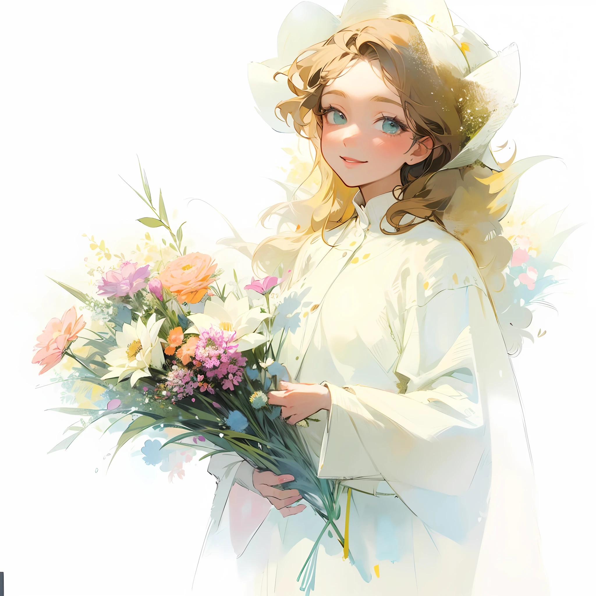 Vague and draft-like depiction, rough, detailed watercolor, soft and fantastic, pastel, fluffy, Van Gogh, woman giving bouquet of flowers while saying thank you and smiling