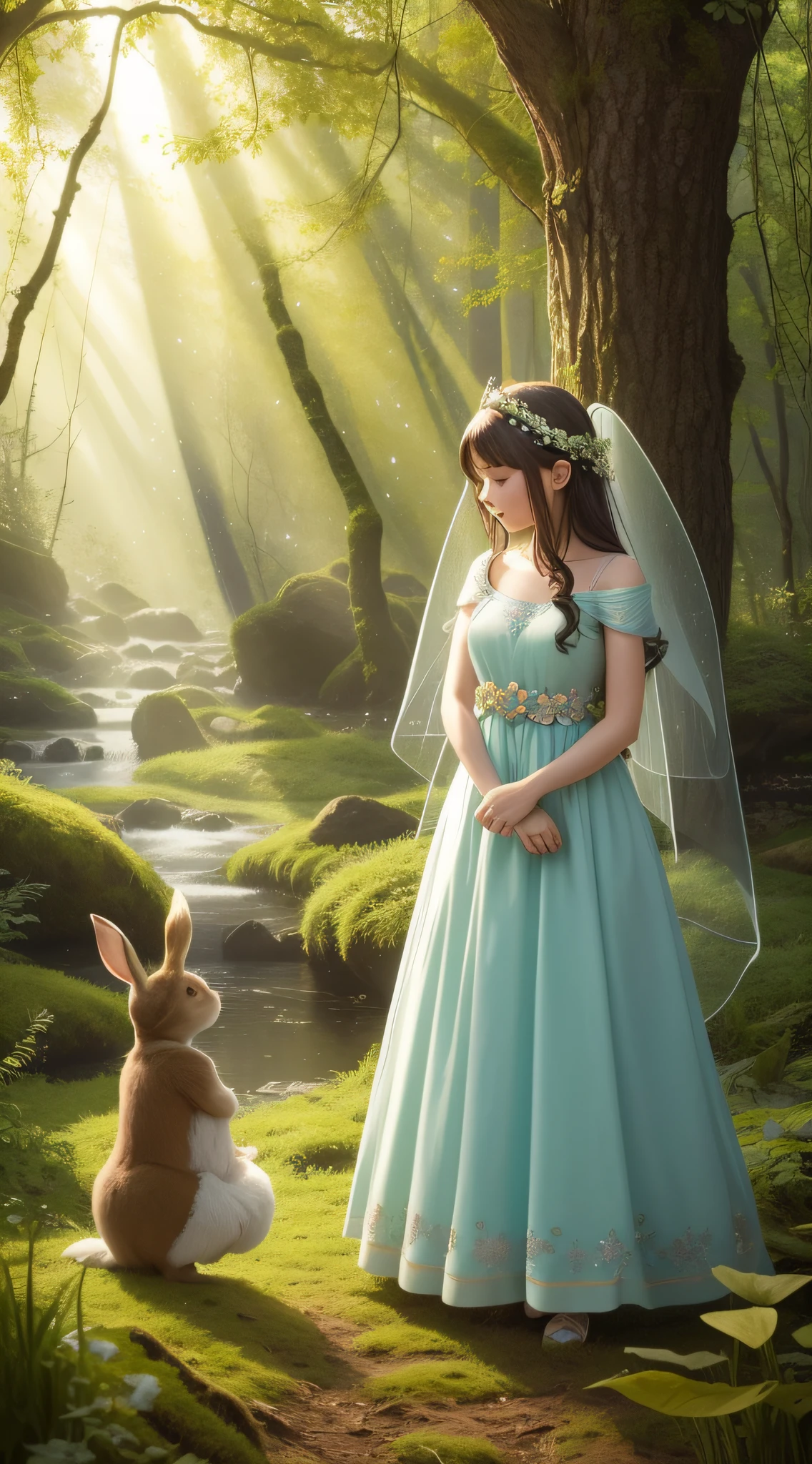 8K, Cinematic, Create a whimsical digital artwork that portrays a cute fairy in a magical forest, surrounded by adorable baby bunnies. Transport viewers to a world of enchantment and wonder as they witness the interaction between the fairy and her furry companions.

The fairy should be the central focus of the composition, radiating charm and grace. Depict her with delicate wings, flowing attire, and a gentle expression. Consider incorporating nature-inspired elements, such as floral accessories or a crown made of leaves, to enhance her connection to the forest.

Surround the fairy with a lush and vibrant forest setting. Depict towering trees with lush foliage, allowing rays of sunlight to filter through the branches, casting dappled light on the scene. Include a variety of colorful flowers, moss-covered rocks, and whimsical mushrooms to create an atmosphere of magic and beauty.

Bring the artwork to life by including adorable baby bunnies as the fairy's companions. Show them playfully interacting with the fairy, hopping around her or nuzzling against her. Each bunny can have its own distinct personality and appearance, enhancing the charm and cuteness of the scene.

Consider adding other forest creatures, such as butterflies, birds, or squirrels, to further enrich the magical ambiance. These additional details will contribute to the sense of a lively and harmonious woodland ecosystem.

Enhance the enchantment of the artwork with soft and ethereal lighting. Utilize warm and gentle tones to create a soft glow, enhancing the magical atmosphere. Incorporate subtle sparkles or glimmers to evoke a sense of fairy magic and wonder.

Through meticulous attention to detail and a whimsical portrayal, create an artwork that sparks joy and a sense of childlike wonder. The cute fairy, surrounded by baby bunnies, in the magical forest will transport viewers to a realm where imagination and nature intertwine, inviting them to embrace the beauty and innocence of the fairy's world