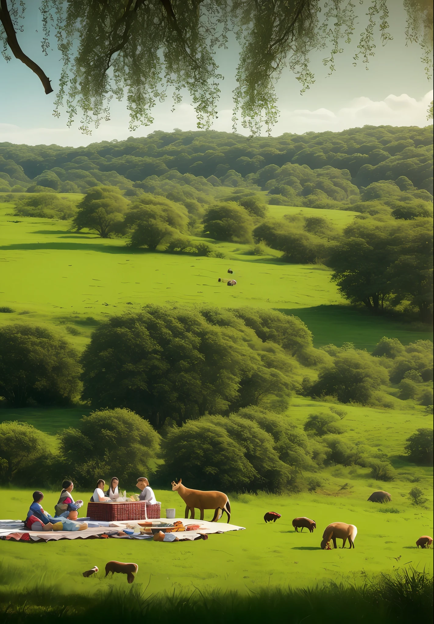 A picturesque scene of a picnic in a grassy field, where several realistic wild animals have gathered. The animals are enjoying a delightful picnic, surrounded by the beauty of nature. The atmosphere is peaceful and harmonious as the animals share food, relax, and bask in the serenity of the moment.