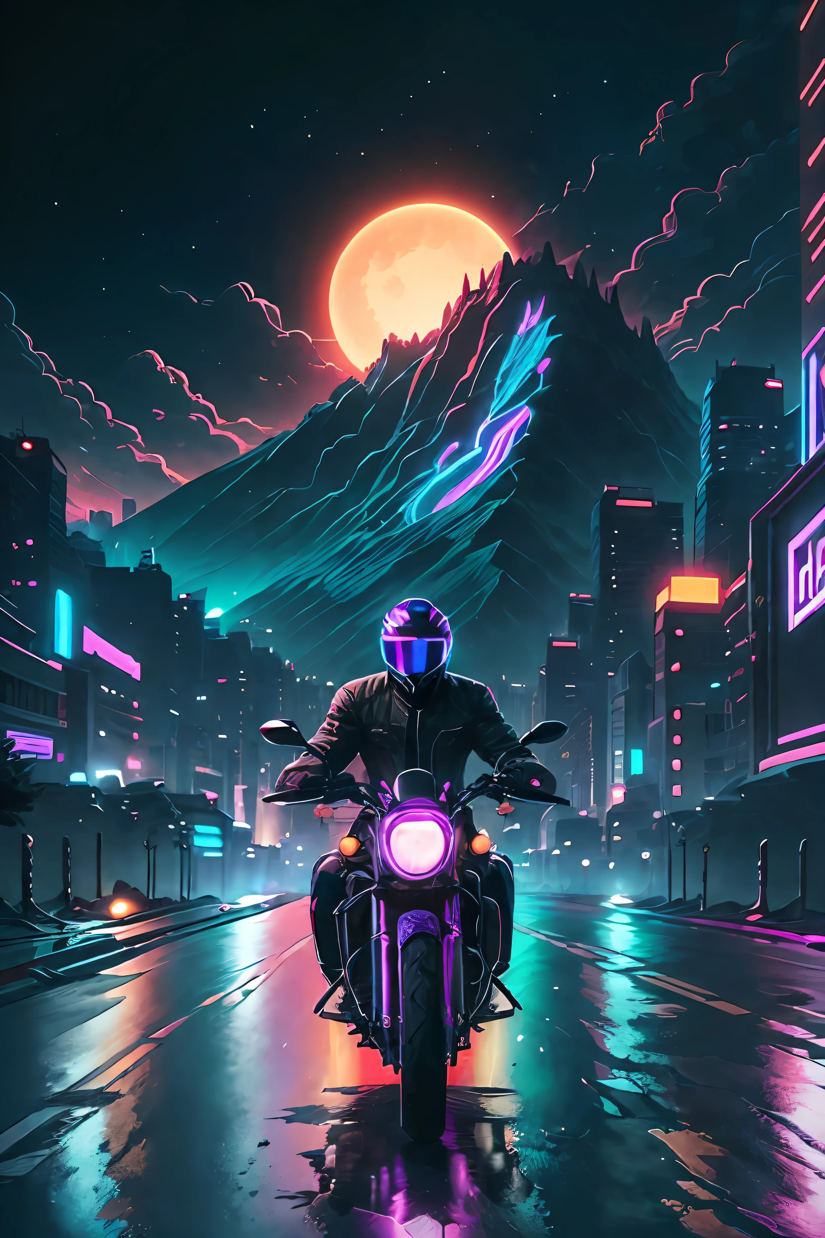 Add a man in a motorcycle retrowave. city, car, road,  purple neon lights, sun, mountain, 
(masterpiece,detailed,highres),