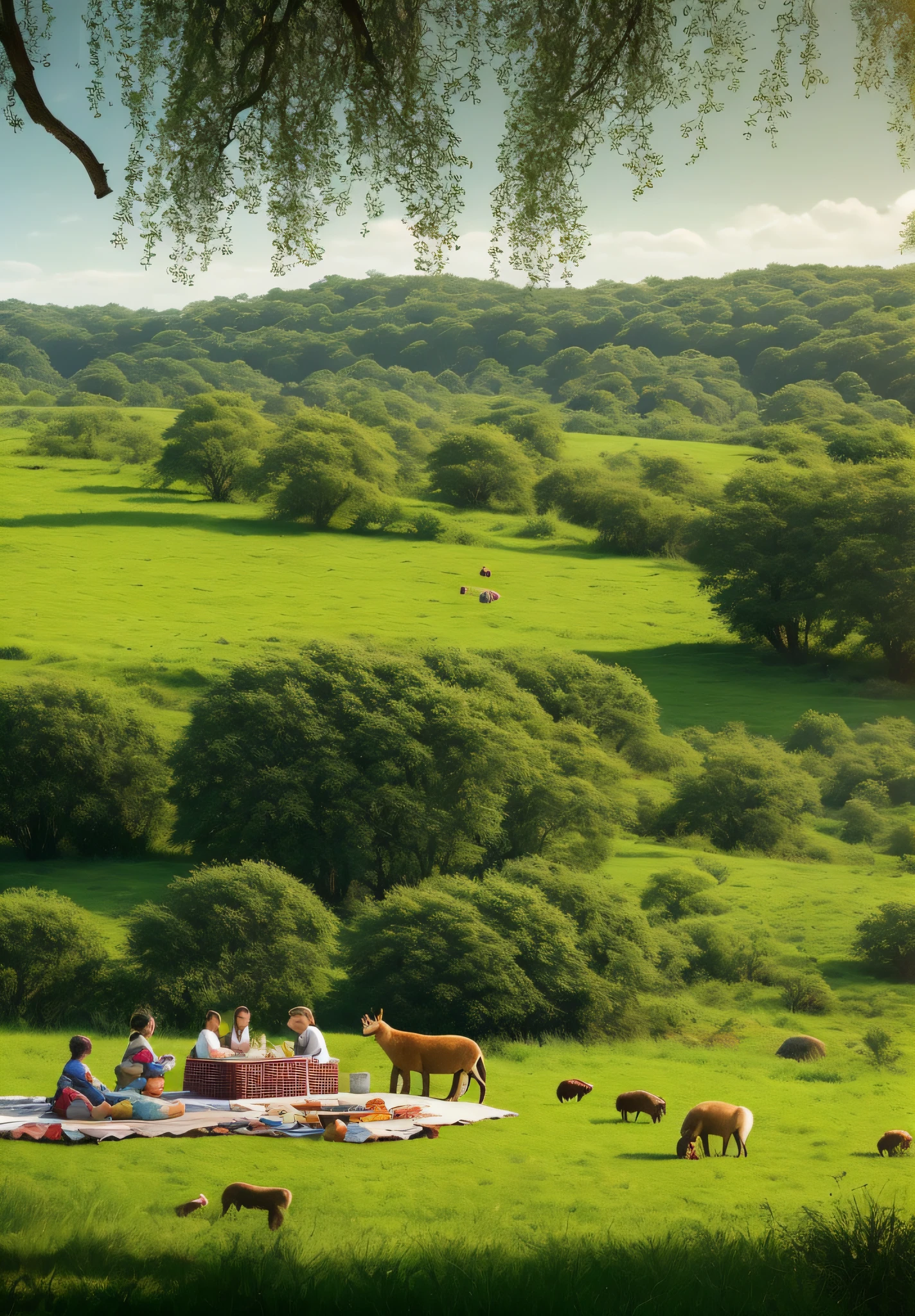 A picturesque scene of a picnic in a grassy field, where several realistic wild animals have gathered. The animals are enjoying a delightful picnic, surrounded by the beauty of nature. The atmosphere is peaceful and harmonious as the animals share food, relax, and bask in the serenity of the moment.