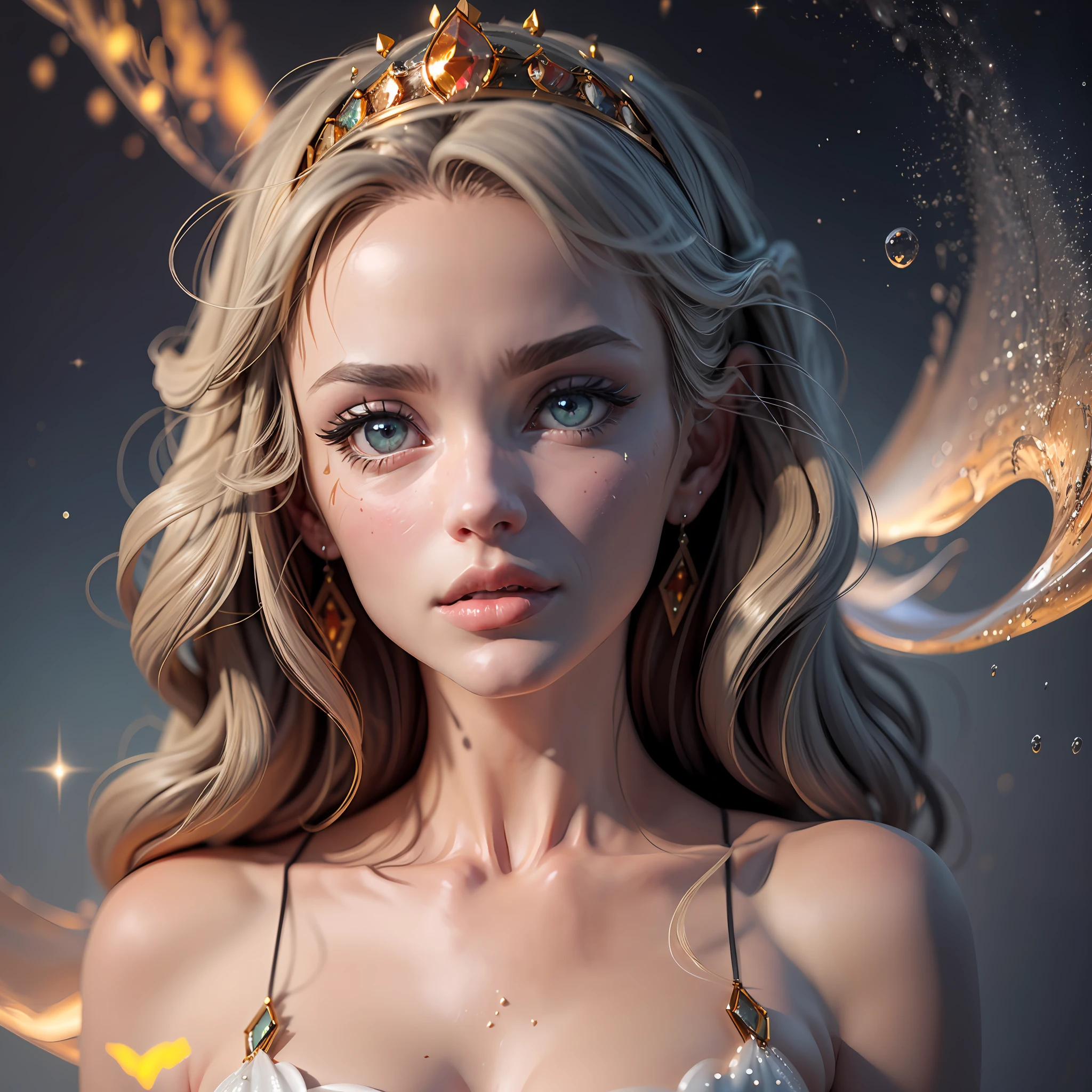 new kind of futurism, beautiful goddess, plump lips, beautiful big eyes, voluminous eyes, glitter foam element, beautiful stardust, bubbles, glow, sharp earrings, long curls, tiara, complex garment with inserts, marbled skin, pretty face, focus on eyes, front view, light lumen, 64k, 3d, hyperrealism, photo-realism, lush bust, decollete, contrast, shine --auto
