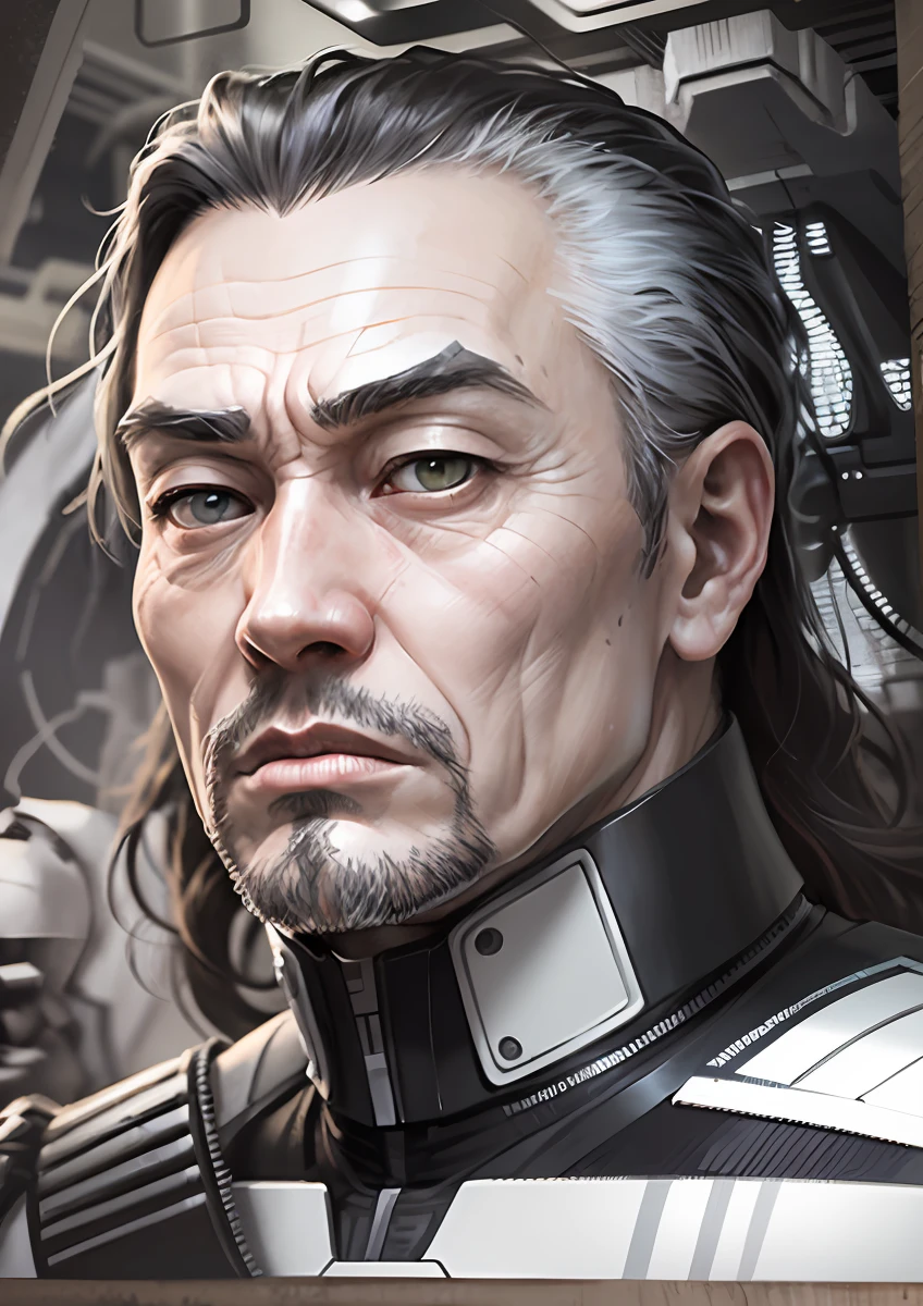 realistic style, middle aged chinese male noble science fiction future battletech, no armor, alone, photo realistic, colored image, maximilian liao, severe expression, stern, colored, pale, angry