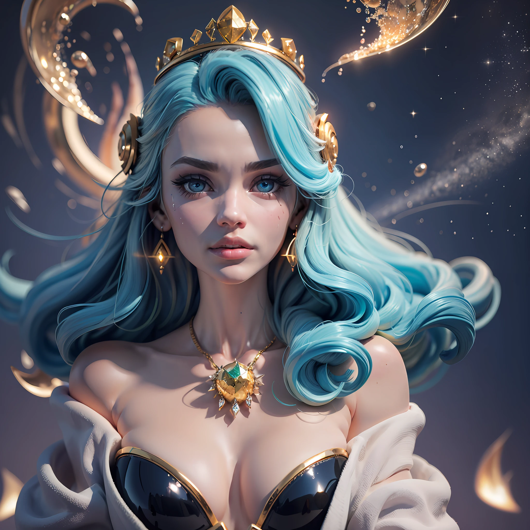 new kind of futurism, beautiful goddess, plump lips, beautiful big eyes, voluminous eyes, glitter foam element, beautiful stardust, bubbles, glow, sharp earrings, long curls, tiara, complex garment with inserts, marbled skin, pretty face, focus on eyes, front view, light lumen, 64k, 3d, hyperrealism, photo-realism, lush bust, decollete, contrast, shine --auto