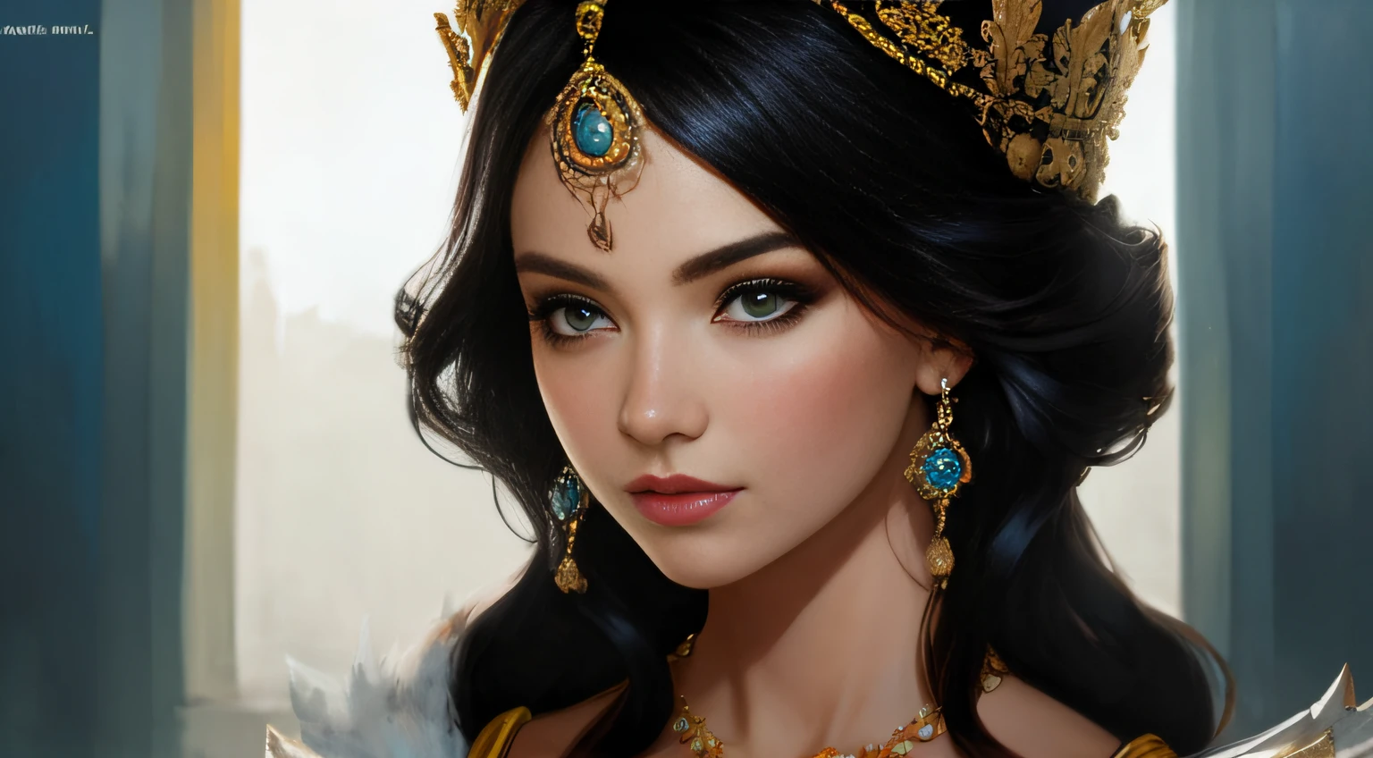 uma Foto de corpo inteiro de uma bela rainha com cabelo preto ondulado sentada um trono azul, 8k intrincado, elegante, altamente detalhado, majestoso, fotografia digital, arte de artgerm e ruan jia e greg rutkowski pintura surreal de borboleta azul filigrana, (obra-prima, side lighting, belos olhos finamente detalhados: 1.2 ), hdr