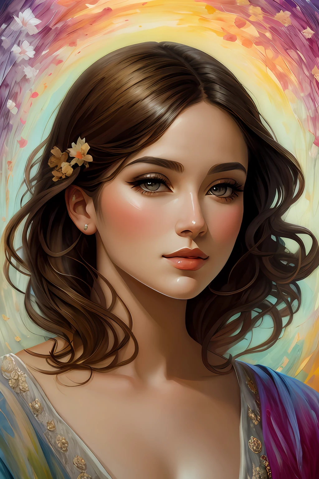 Retrato da menina, adesivo de uma foto de corpo inteiro de ashley alexiss  beautiful woman, beleza altamente detalhadarosto completo, liberdade, alma, digital illustration, aproximando-if of perfection, dynamic, altamente detalhada, pintura aquarela, artstation, arte conceito, liso, contraste, focus sharp, illustration in the style of artists like Leonid Afremov, Moinhos Russ, Sakimichan, Wlop, Loish, Artgerm, Darryl Zabrocki, e Jean-Baptiste Monge, , arte final Alphonse Mucha