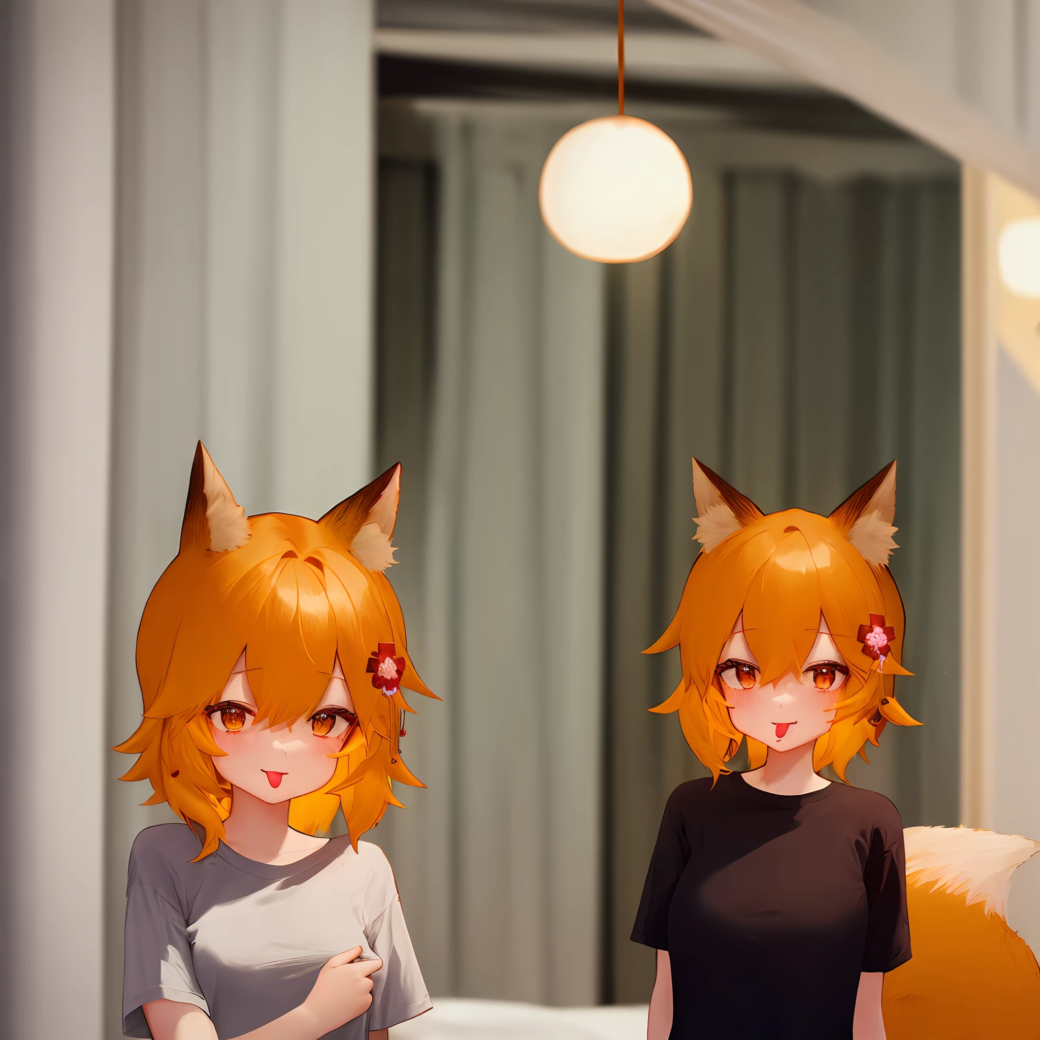 masterpiece, best qualityer, detailed  background, cinematic lights, sen, animal ears, fox ears, young woman-fox, fox tail, hair flower, Hair ornament, orange eyes, orange hair, short hair, tail, 1girl, house, lit, Tongue sticking out, Picks up his t-shirt,room, The are visible, Thin-headed underpants, sunbeam upper body, ((T-shirt transparent)), vulgar