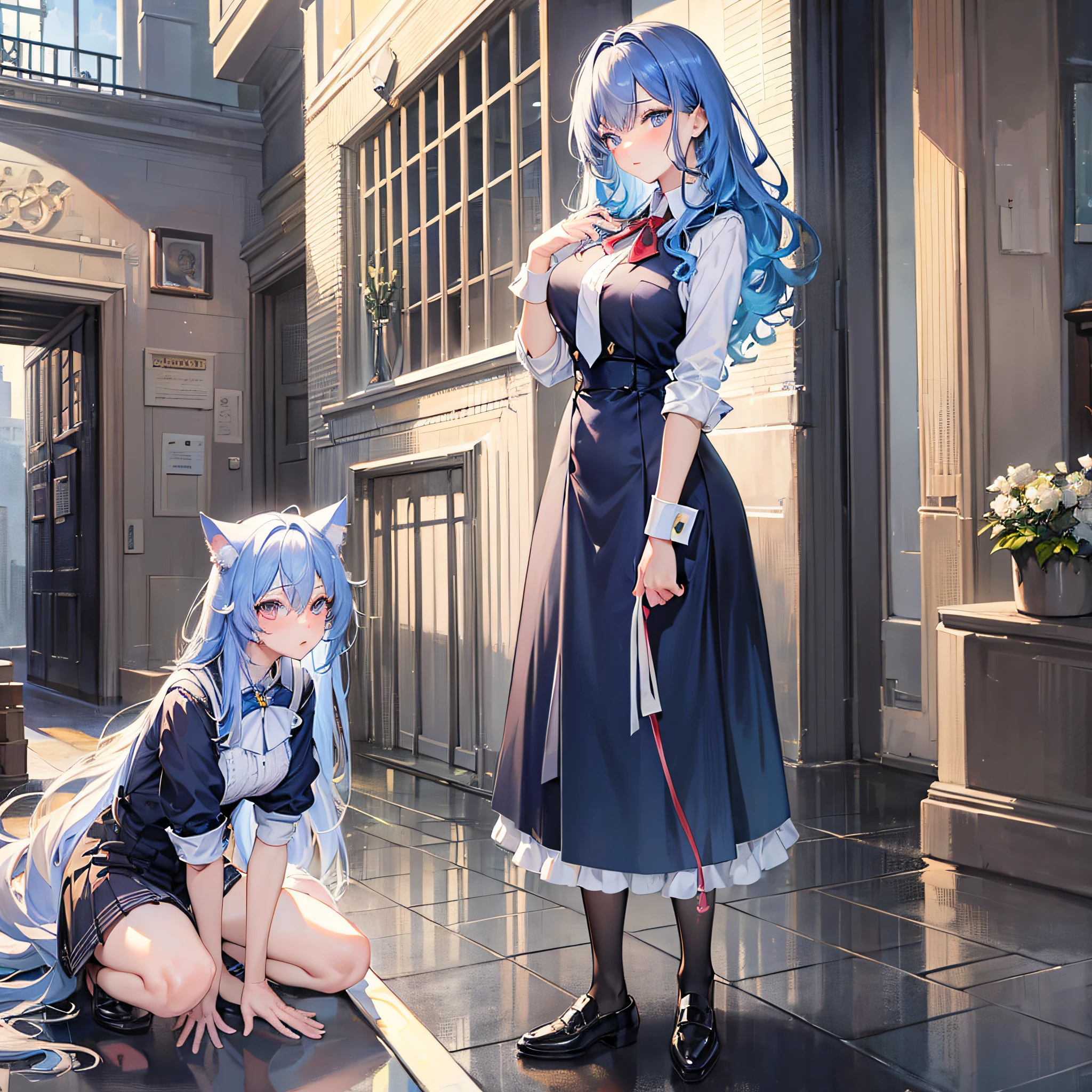 Absolutely beautiful cat lady, perfect slim body, mature, sky blue hair, large curly hair, college uniform, sexy and alluring, beautiful face, full body portrait, standing pose, 4K picture quality, big body, feminine expression, blush shy, outrageous bust, deep eyes,