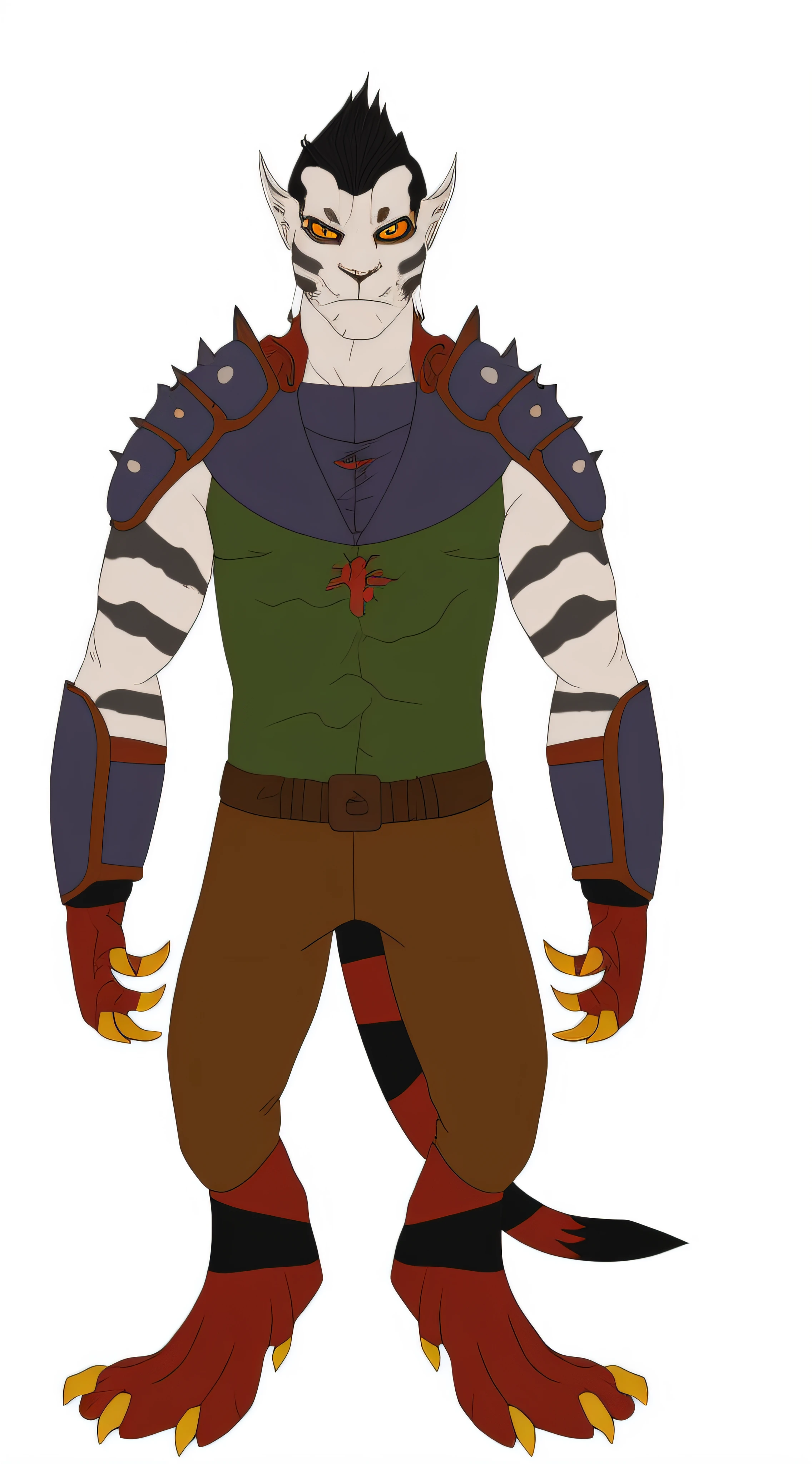 Na'VI male hybrid with claws, dragon paws, queimadura no rosto,com cabelo moicano ,um colar de cristal vermelho, orelhas de tigre,um bracelete roxo nos 2 braços, arms with black tiger stripes, o olho esquerdo cego